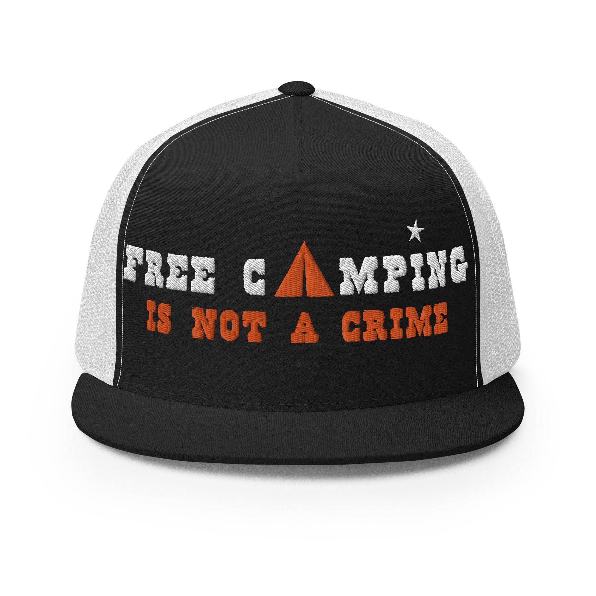 Casquette Trucker bicolore à visière plate Free camping is not a crime white/orange