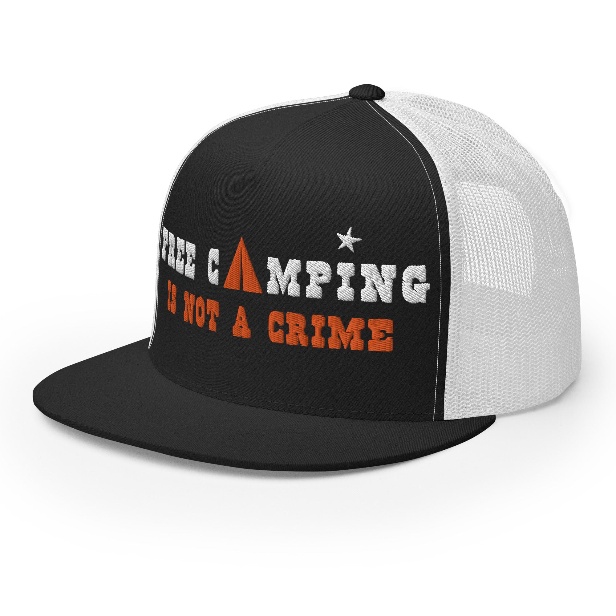 Casquette Trucker bicolore à visière plate Free camping is not a crime white/orange