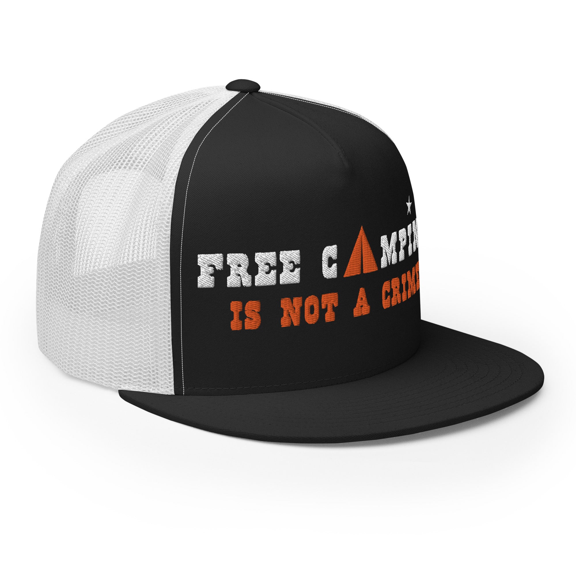 Casquette Trucker bicolore à visière plate Free camping is not a crime white/orange