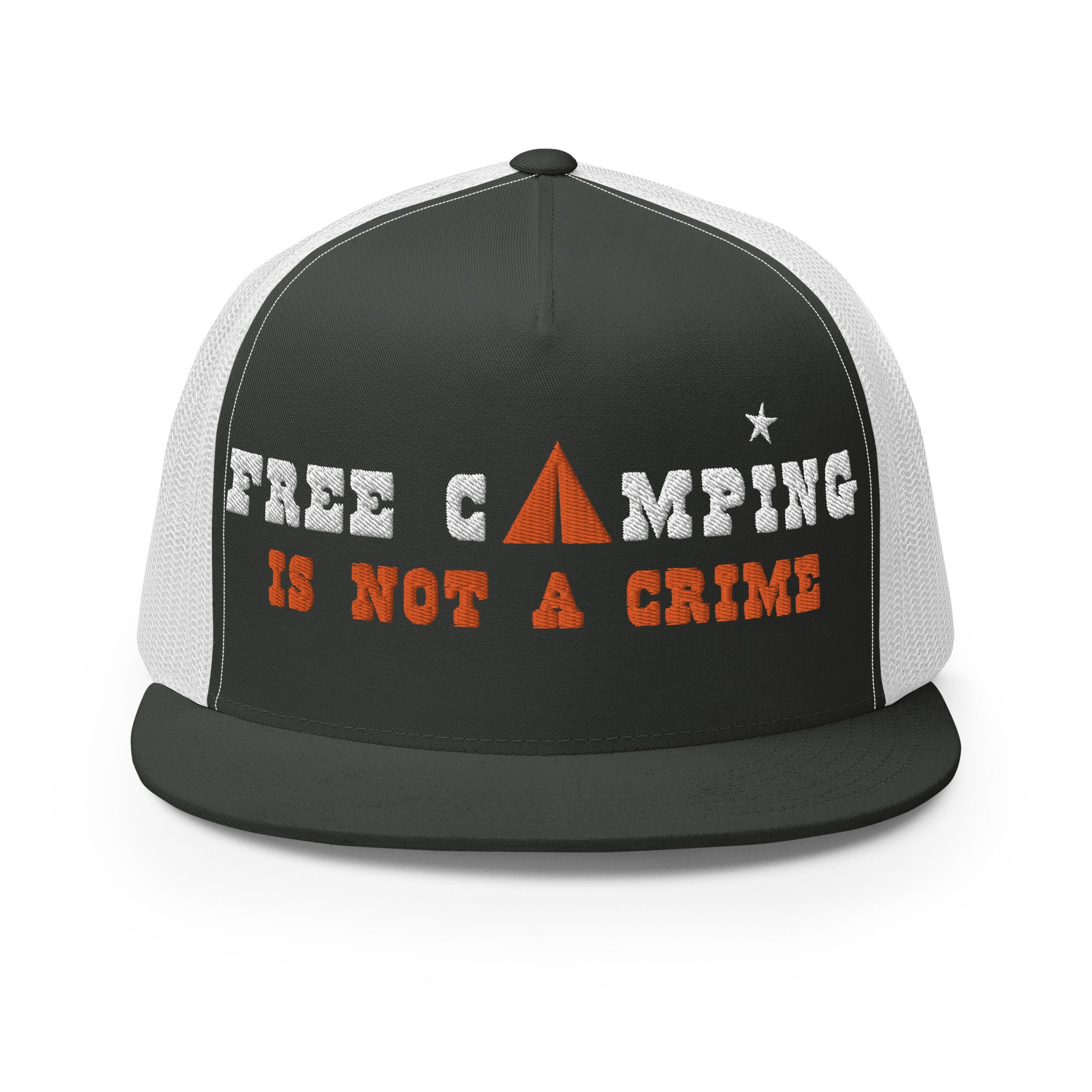 Casquette Trucker bicolore à visière plate Free camping is not a crime white/orange