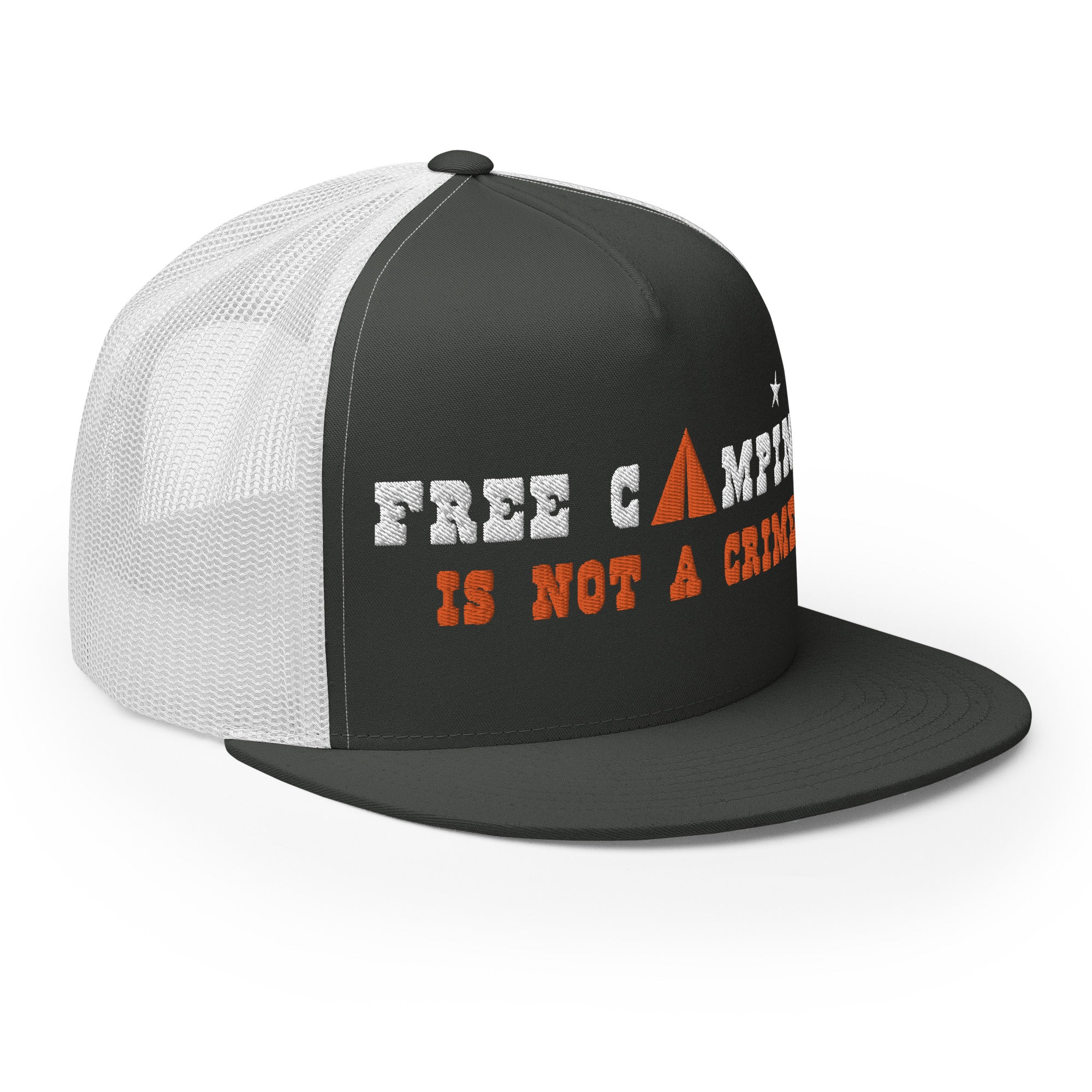 Casquette Trucker bicolore à visière plate Free camping is not a crime white/orange
