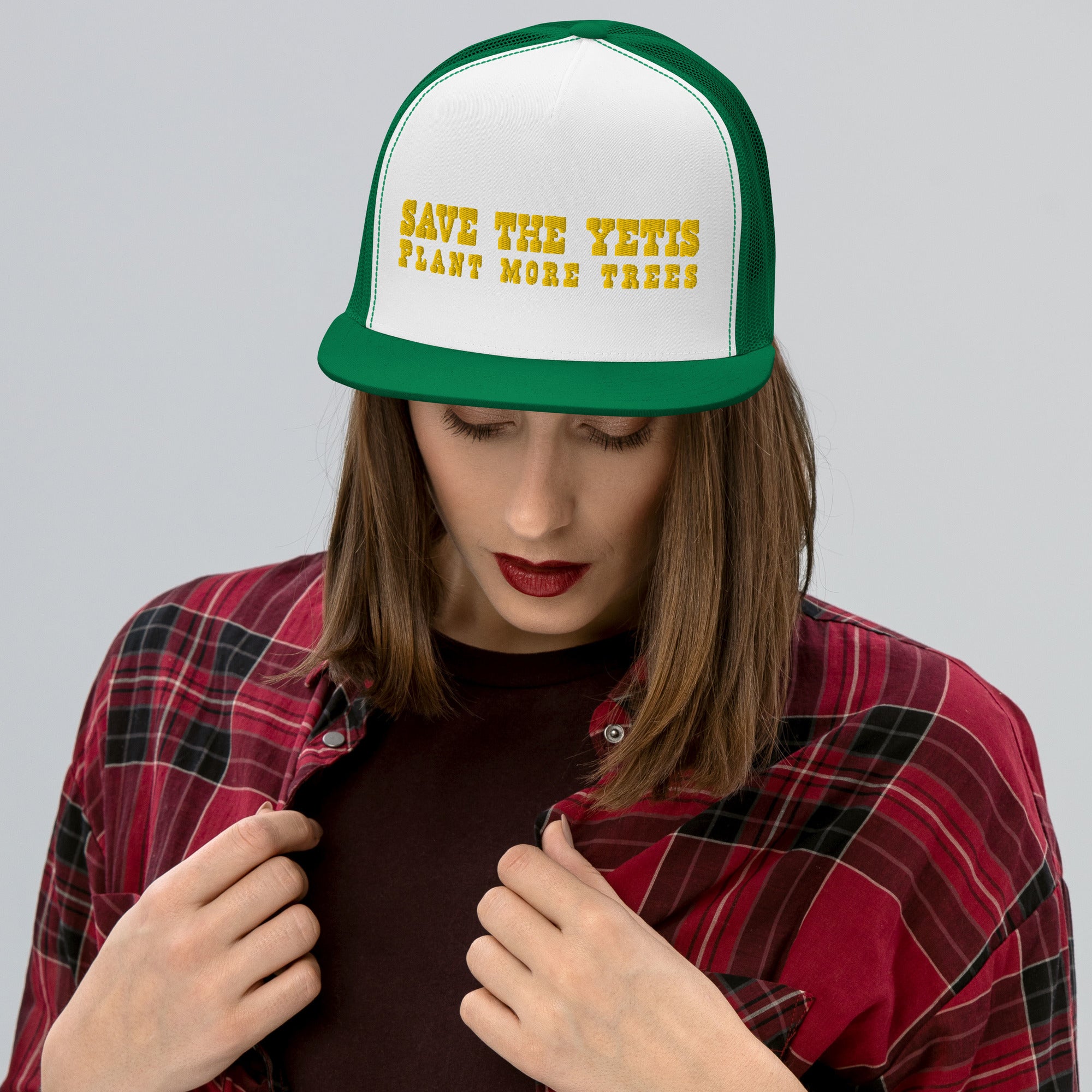 Casquette Trucker bicolore à visière plate Save the Yetis, Plant more Trees