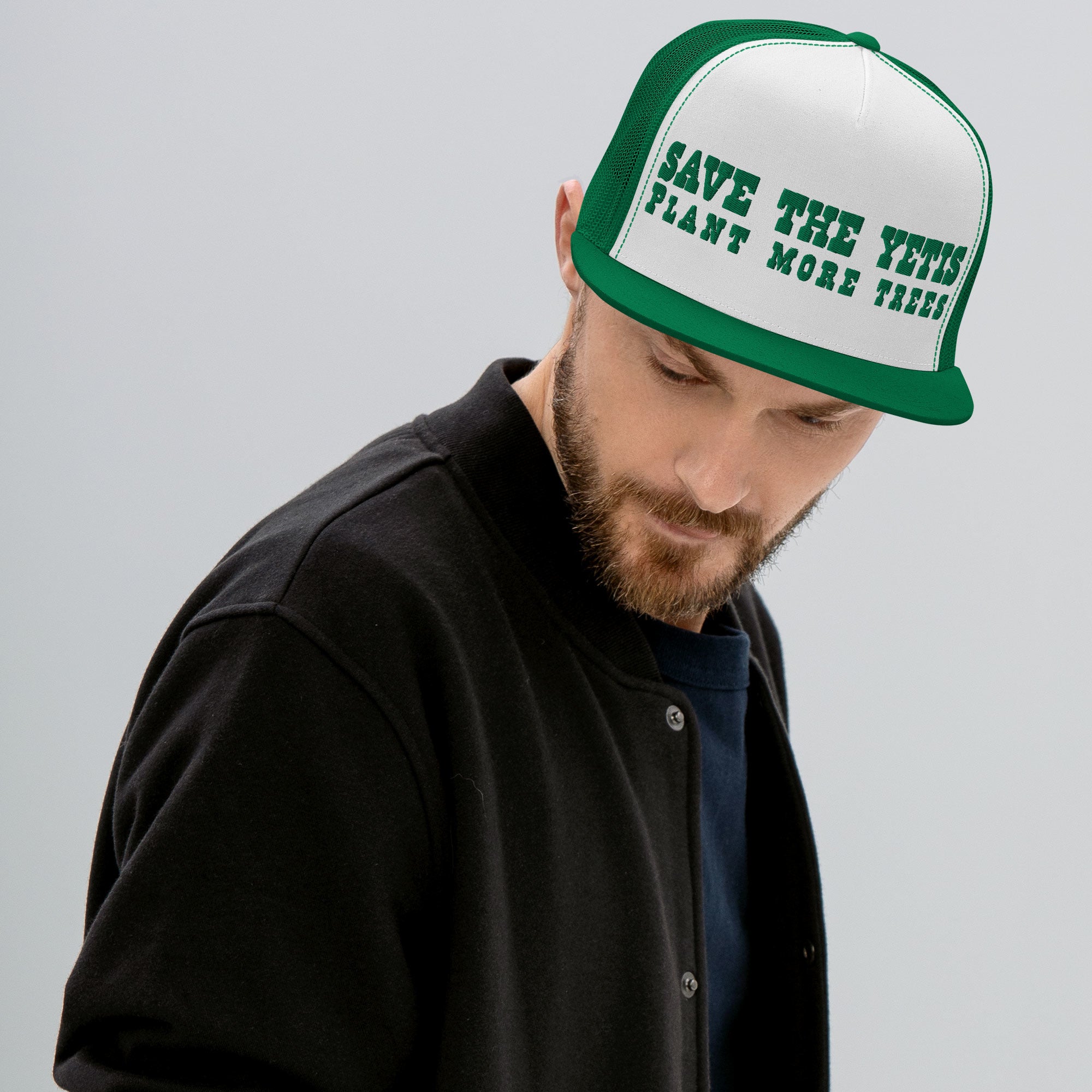 Casquette Trucker bicolore à visière plate Save the Yetis, Plant more Trees Kelly Green
