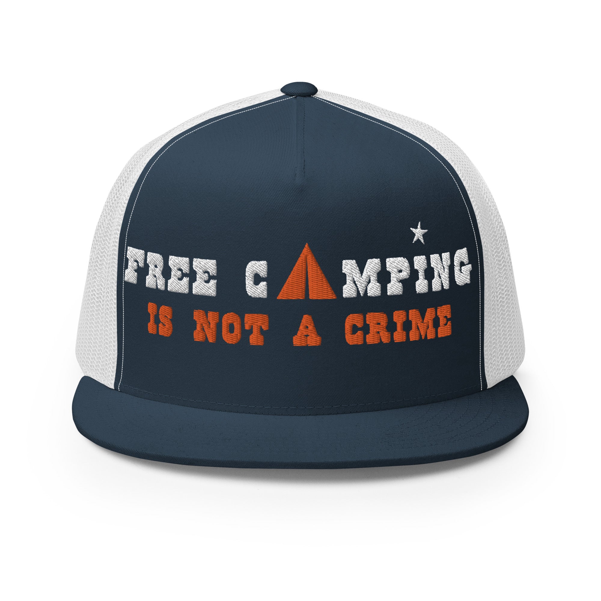 Casquette Trucker bicolore à visière plate Free camping is not a crime white/orange
