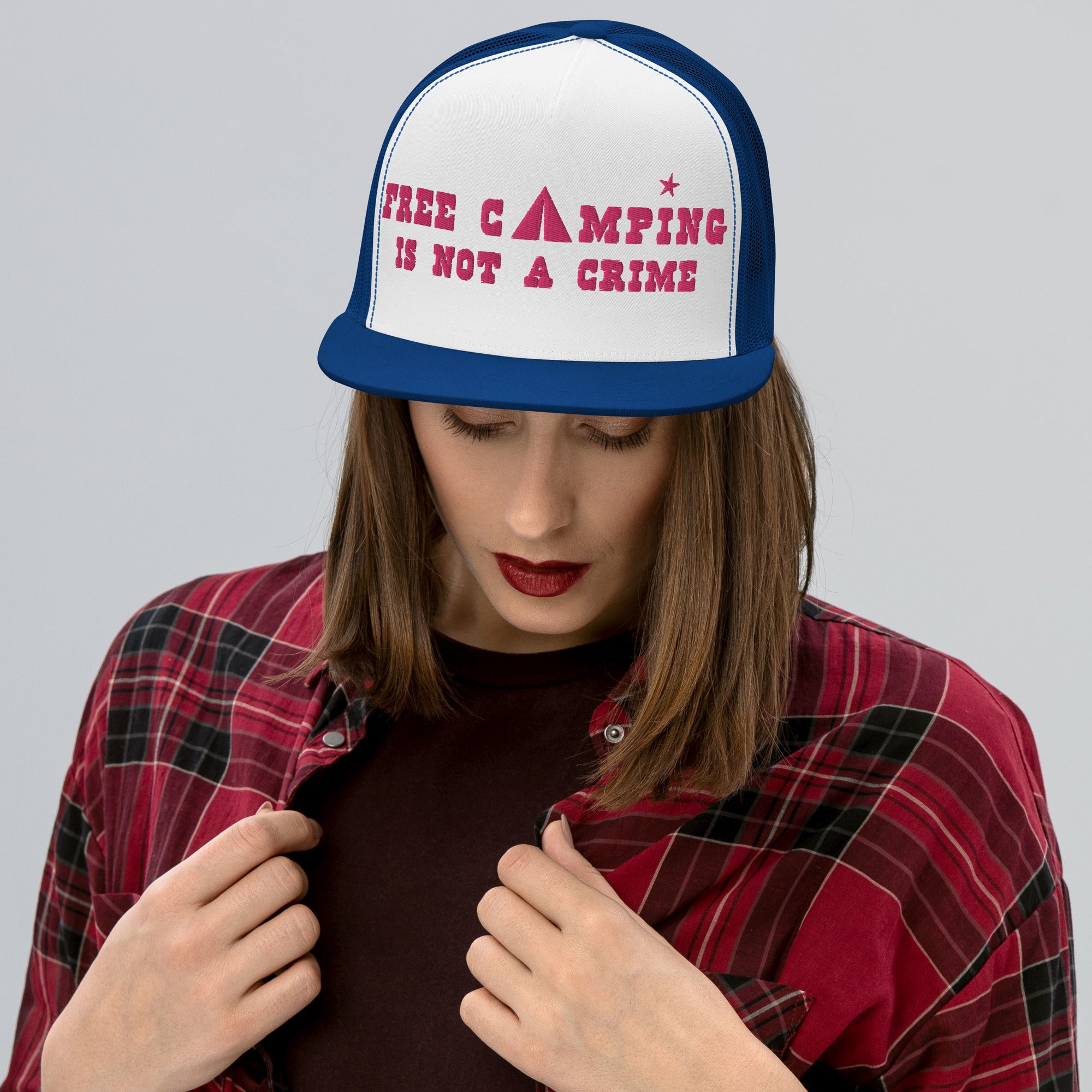 Trucker Cap Free camping is not a crime Flamingo