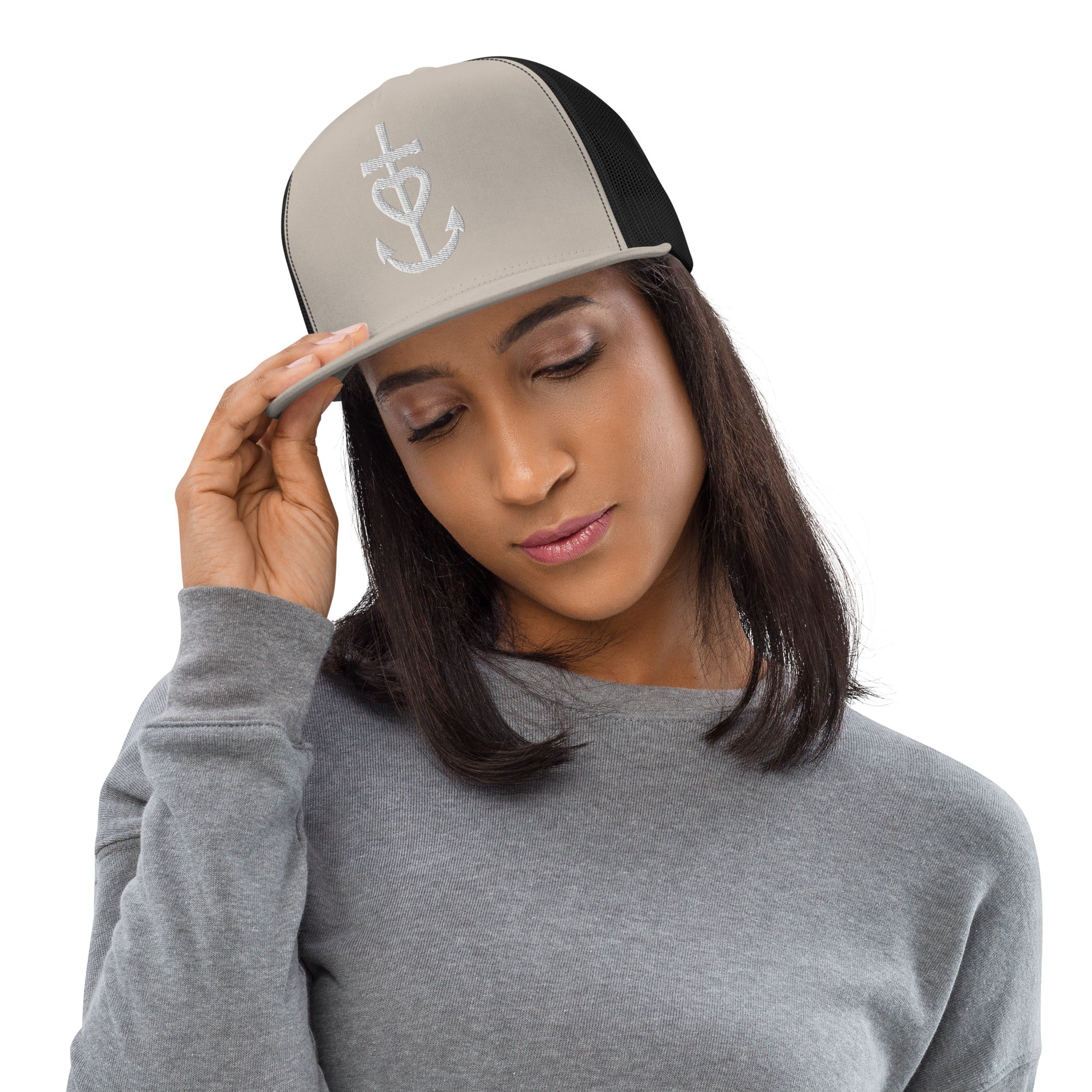 Casquette Trucker bicolore à visière plate Grande Croix de Camargue blanche