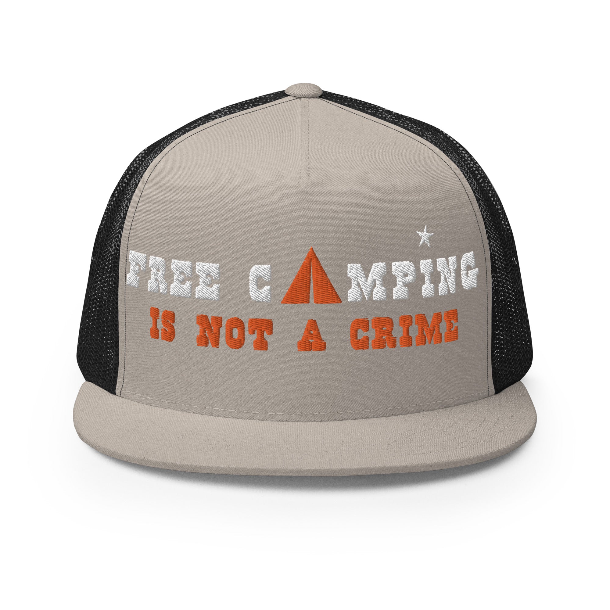 Casquette Trucker bicolore à visière plate Free camping is not a crime white/orange