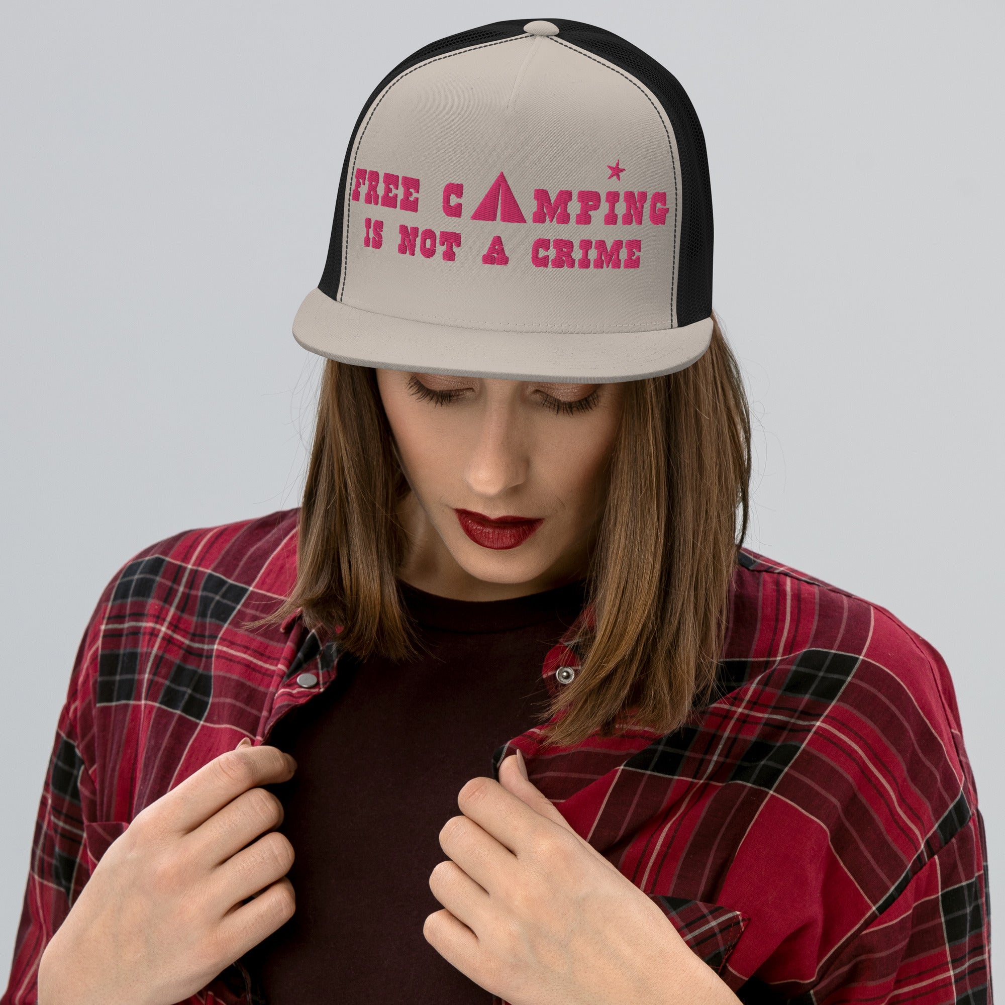 Trucker Cap Free camping is not a crime Flamingo