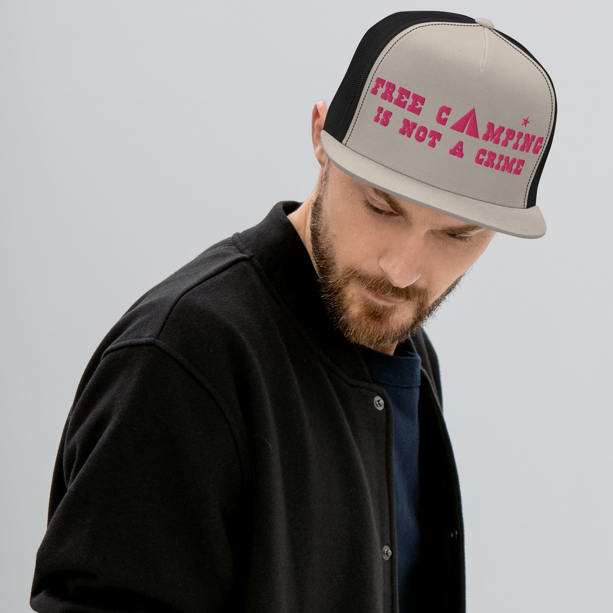 Trucker Cap Free camping is not a crime Flamingo