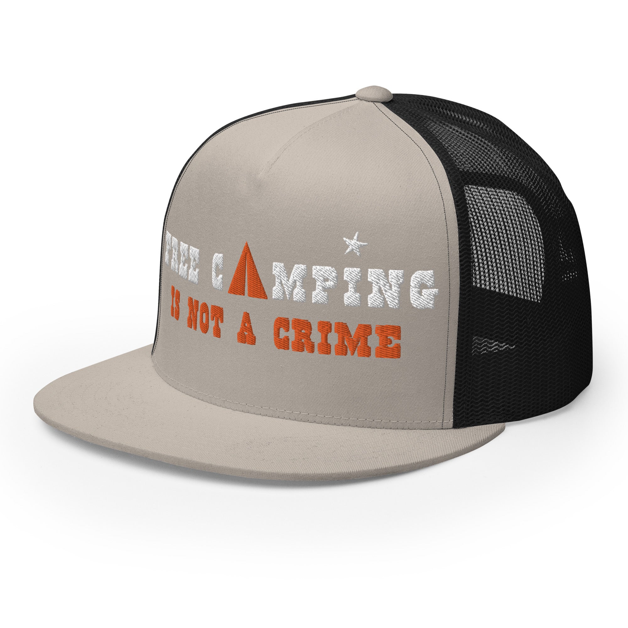 Casquette Trucker bicolore à visière plate Free camping is not a crime white/orange