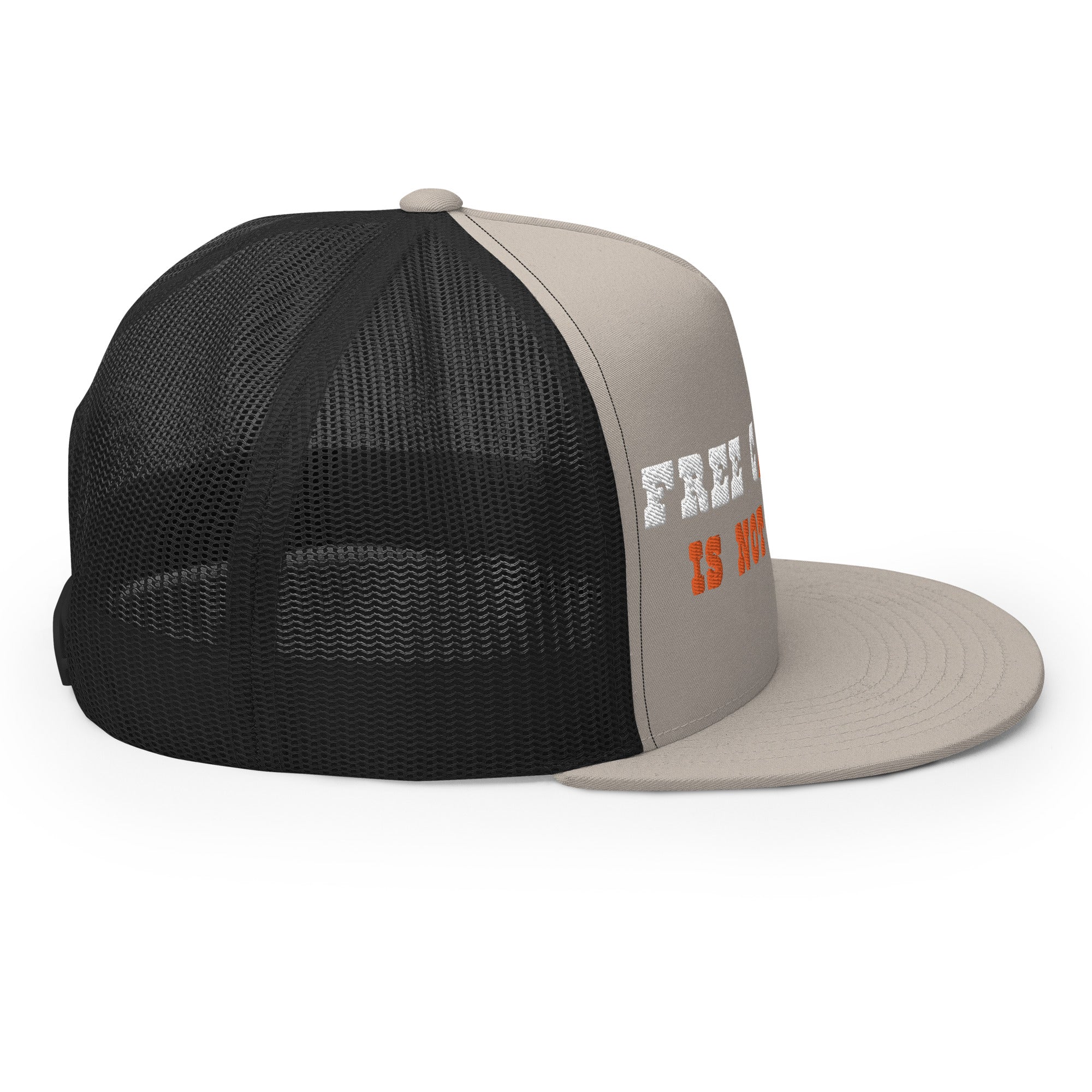 Casquette Trucker bicolore à visière plate Free camping is not a crime white/orange