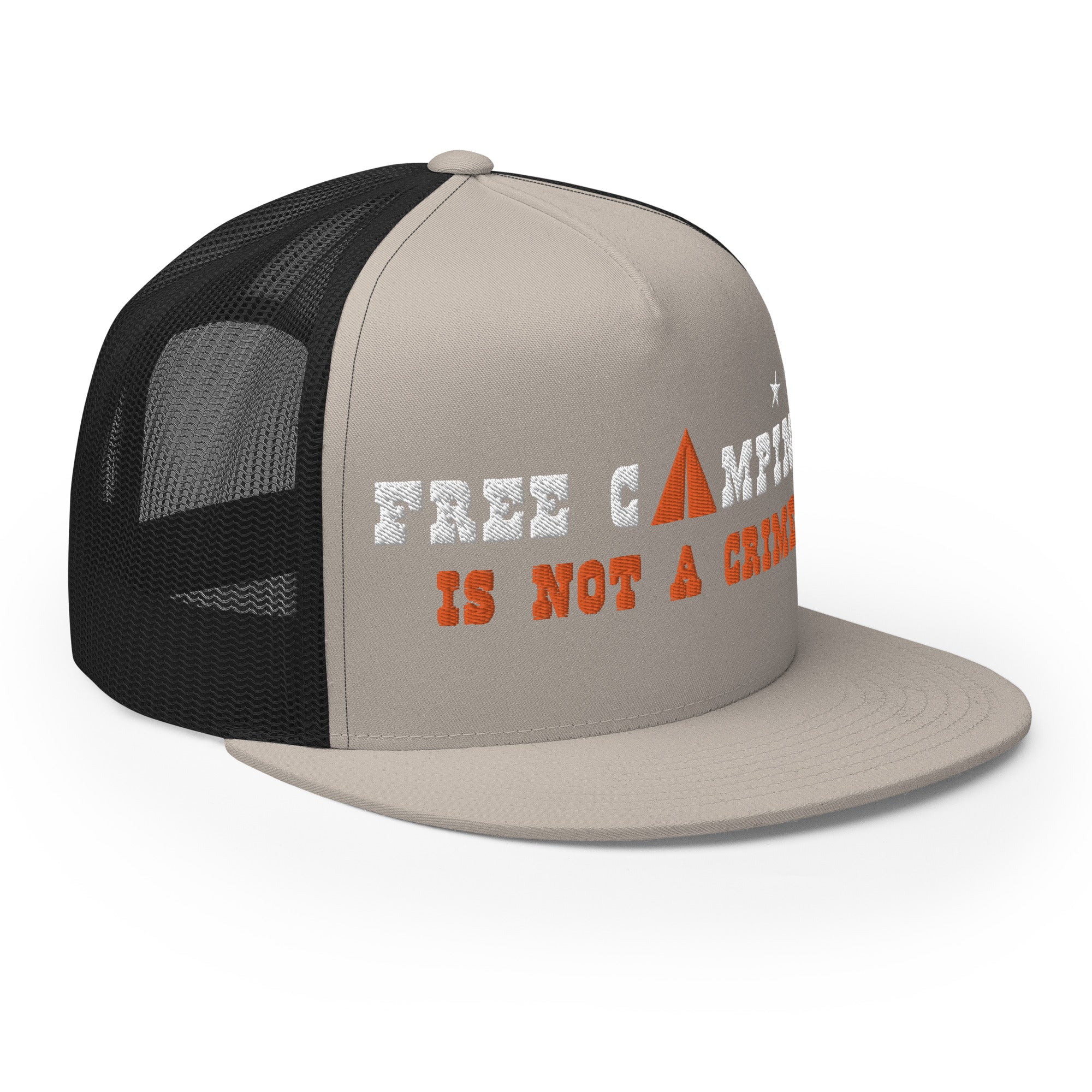 Casquette Trucker bicolore à visière plate Free camping is not a crime white/orange