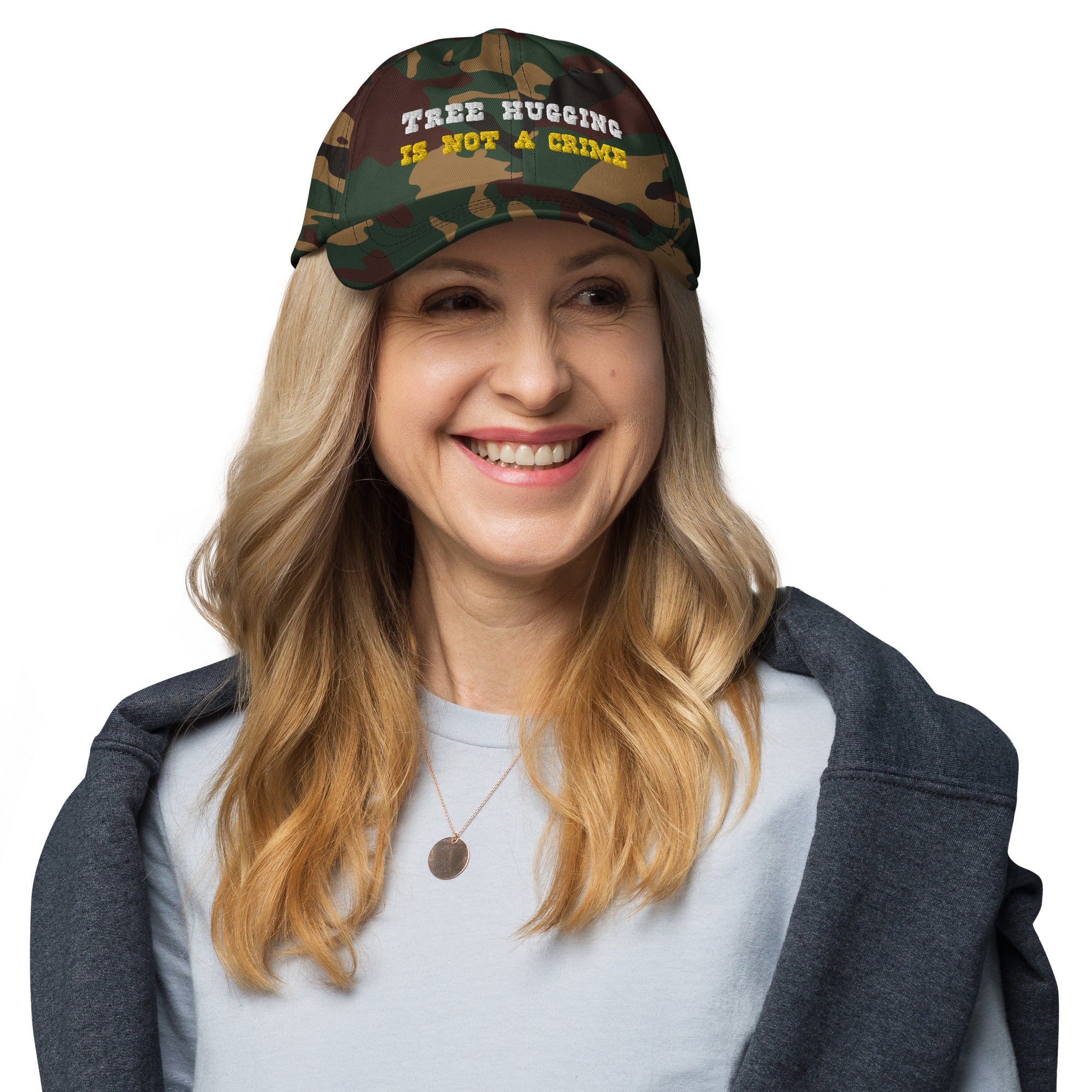 Camo Dad hat Tree Hugging is not a crime White/Gold