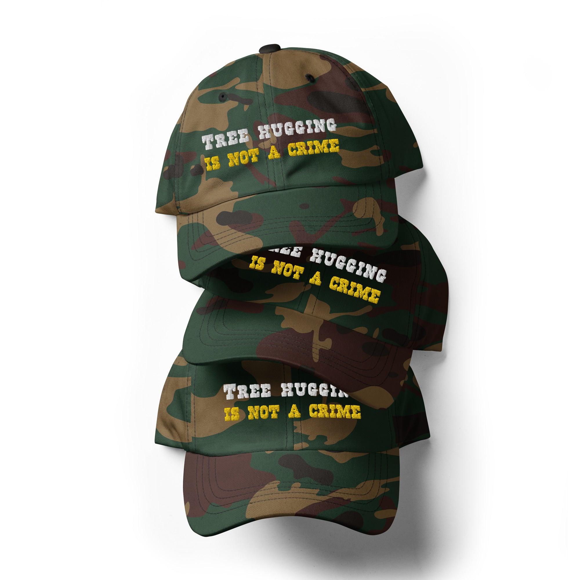 Camo Dad hat Tree Hugging is not a crime White/Gold