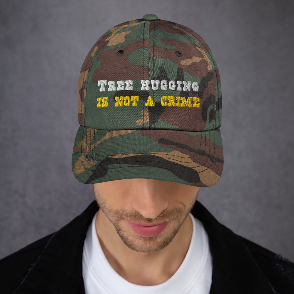 Camo Dad hat Tree Hugging is not a crime White/Gold