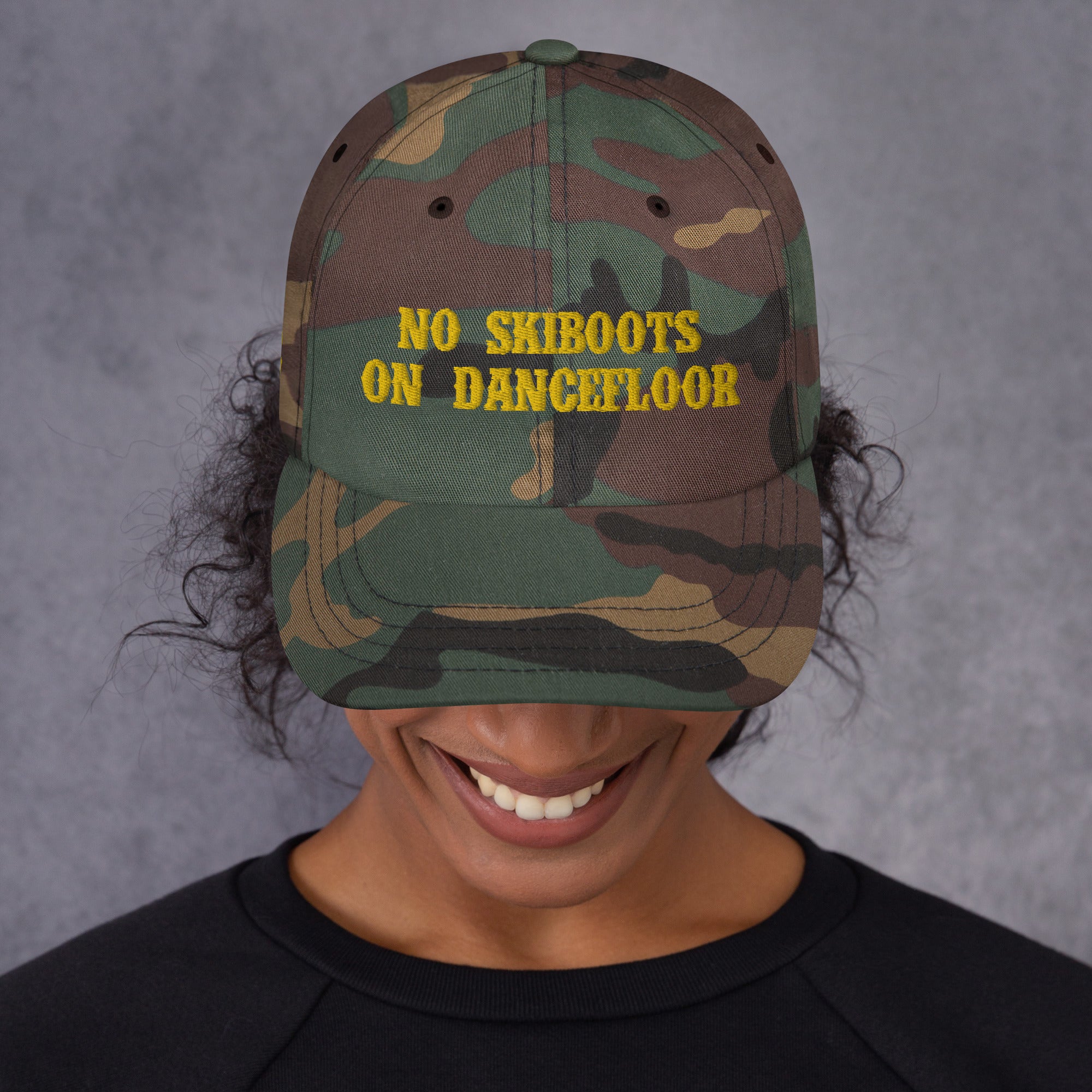 Casquette de Baseball camouflage No Skiboots on Dancefloor doré brodé sur 3 côtés