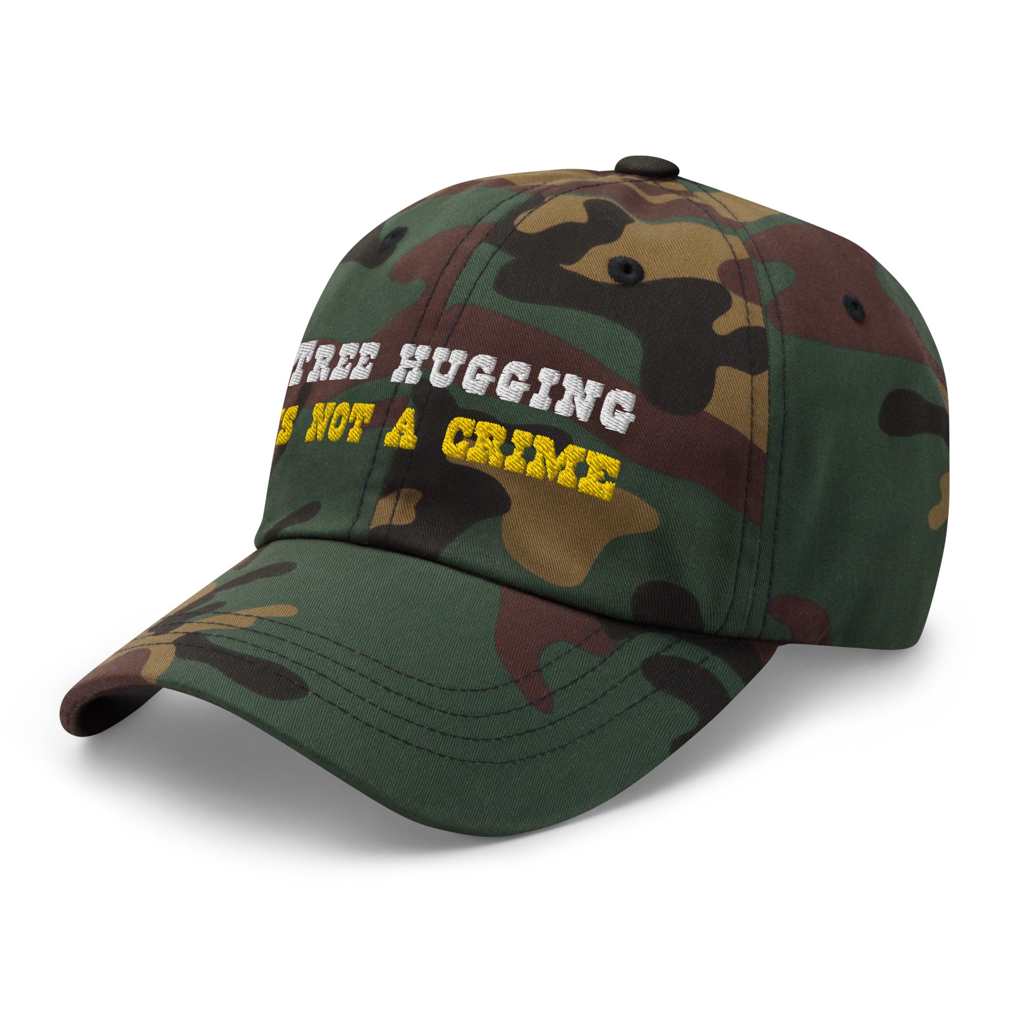 Camo Dad hat Tree Hugging is not a crime White/Gold
