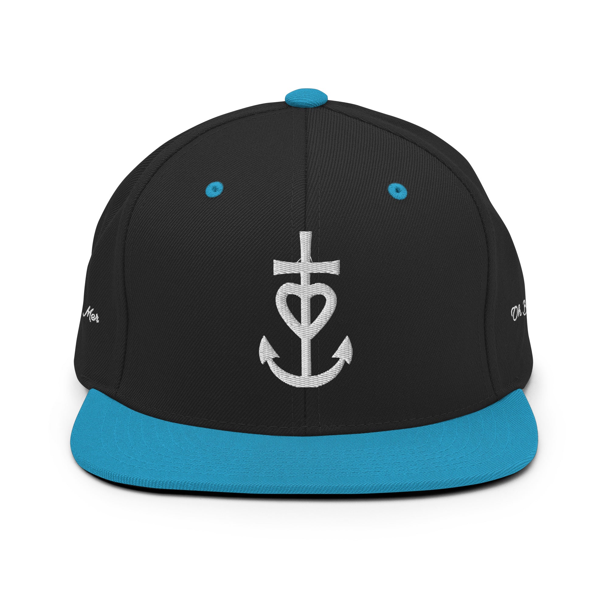 Casquette Snapback Wool Blend bicolore Croix de Camargue Oh Bonne Mer brodé blanc sur 3 côtés