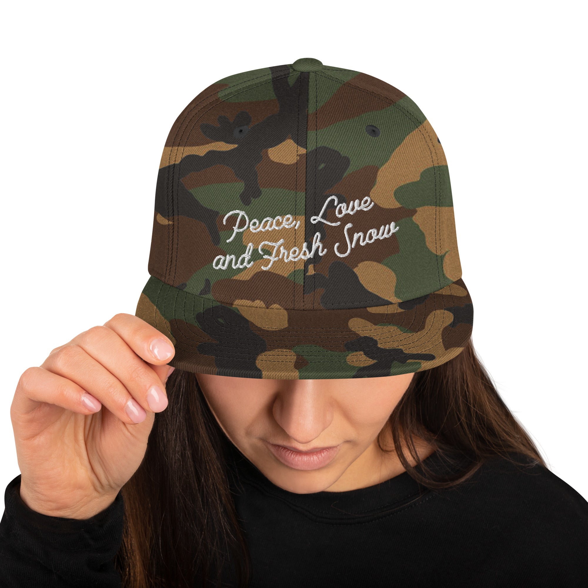 Casquette Snapback camouflage Peace, Love and Fresh Snow blanc