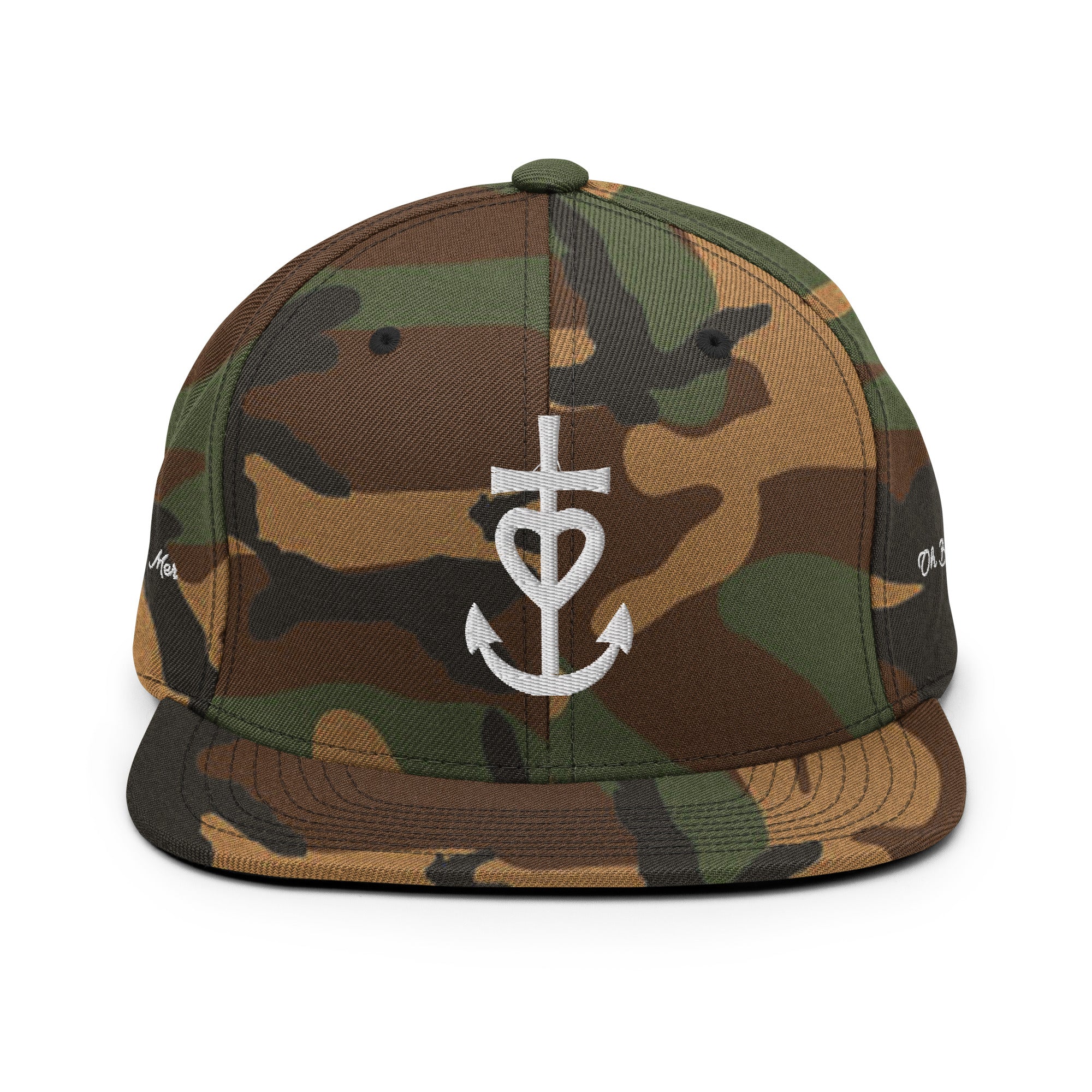 Casquette Snapback camouflage Croix de Camargue Oh Bonne Mer brodé blanc sur 3 côtés