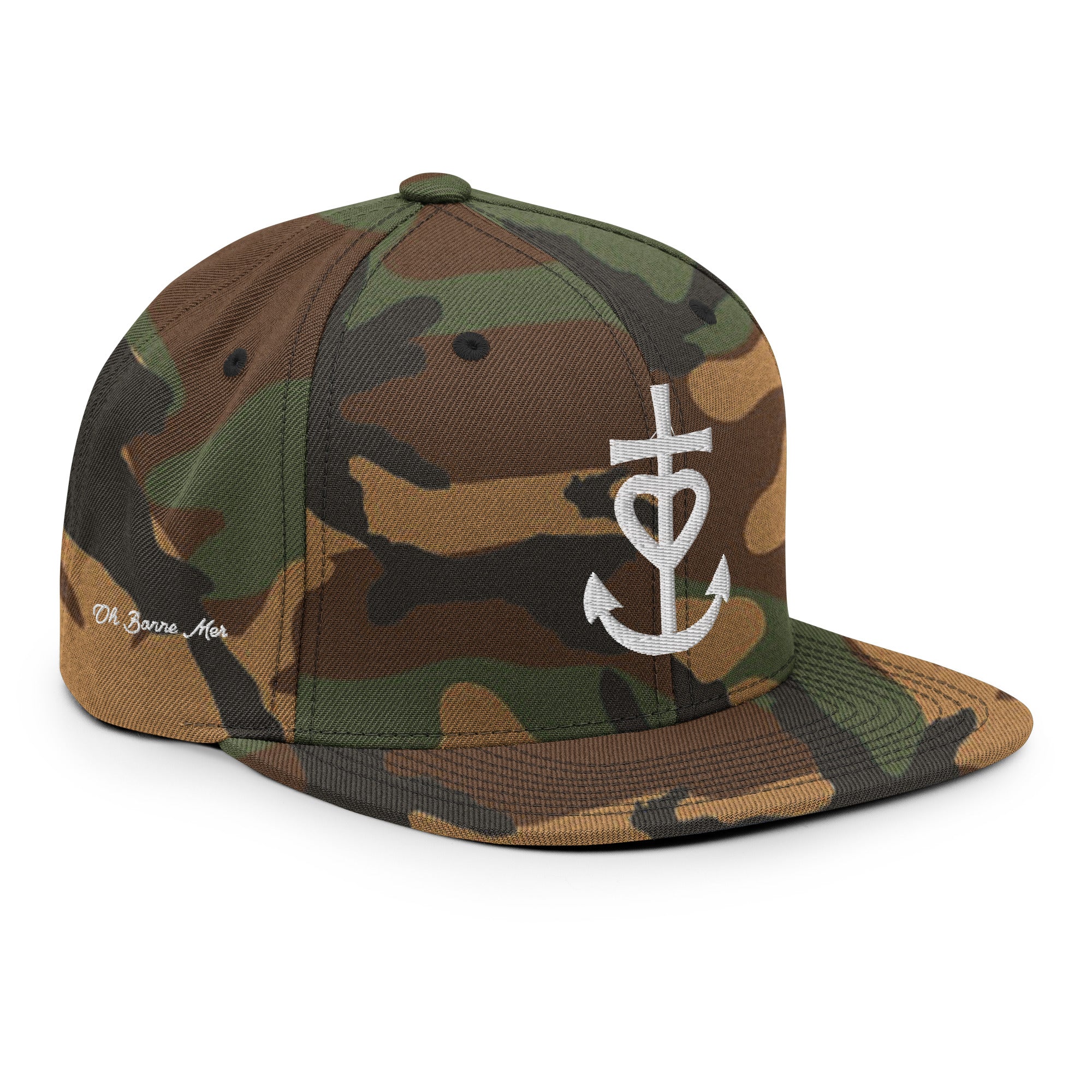 Casquette Snapback camouflage Croix de Camargue Oh Bonne Mer brodé blanc sur 3 côtés