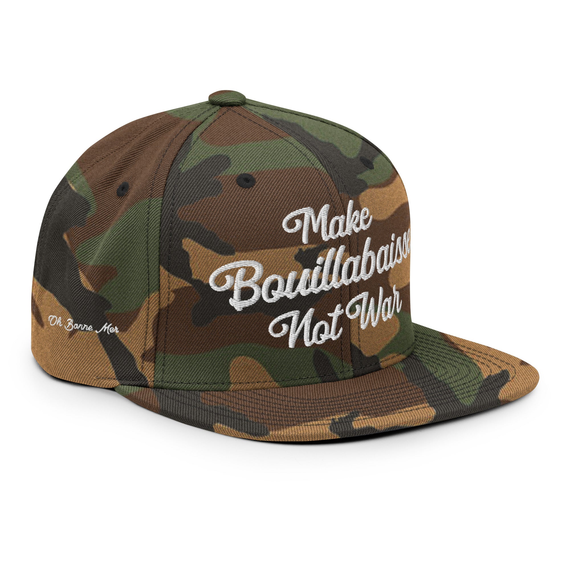 Casquette Snapback camouflage Make Bouillabaisse Not War White brodé sur 3 côtés