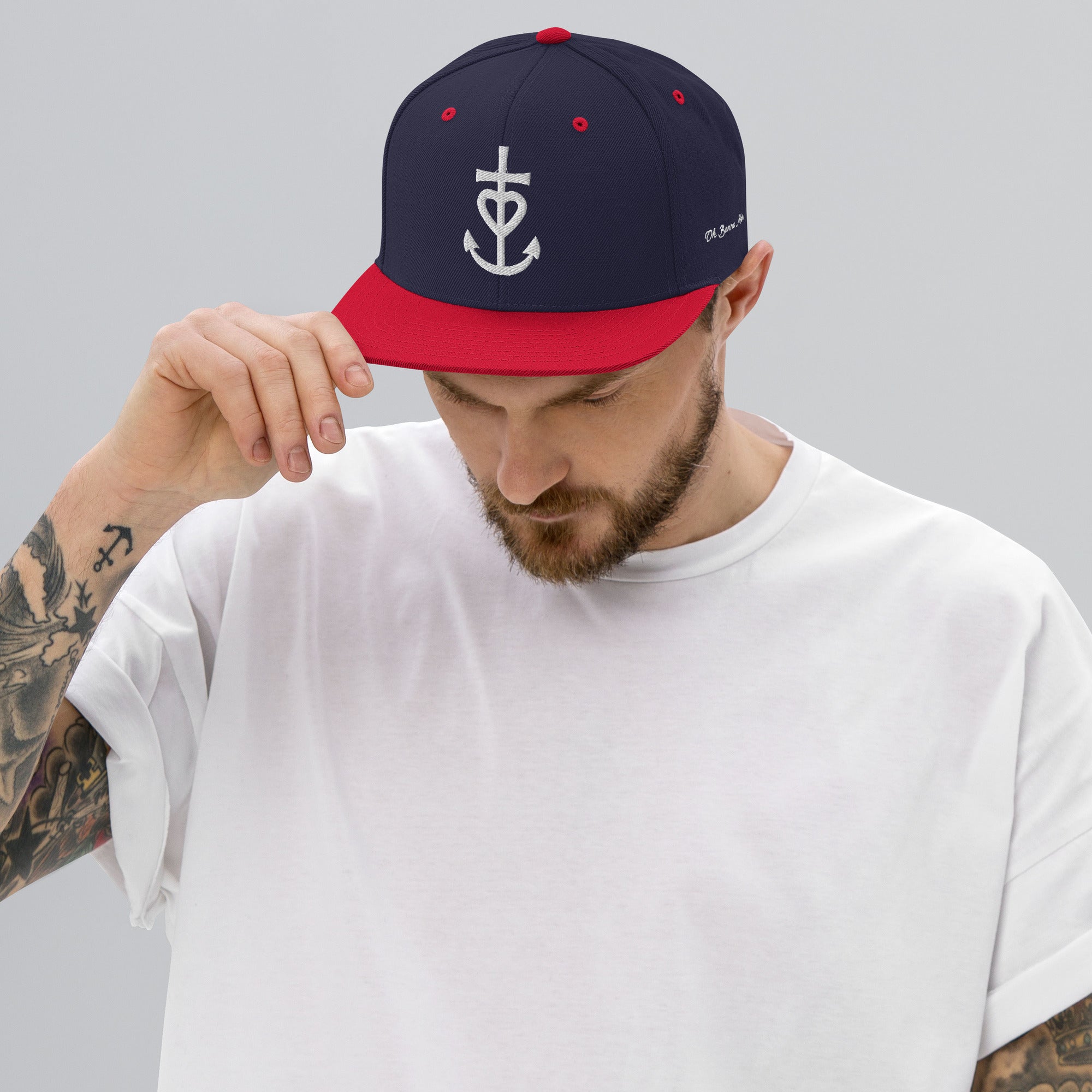 Casquette Snapback Wool Blend bicolore Croix de Camargue Oh Bonne Mer brodé blanc sur 3 côtés