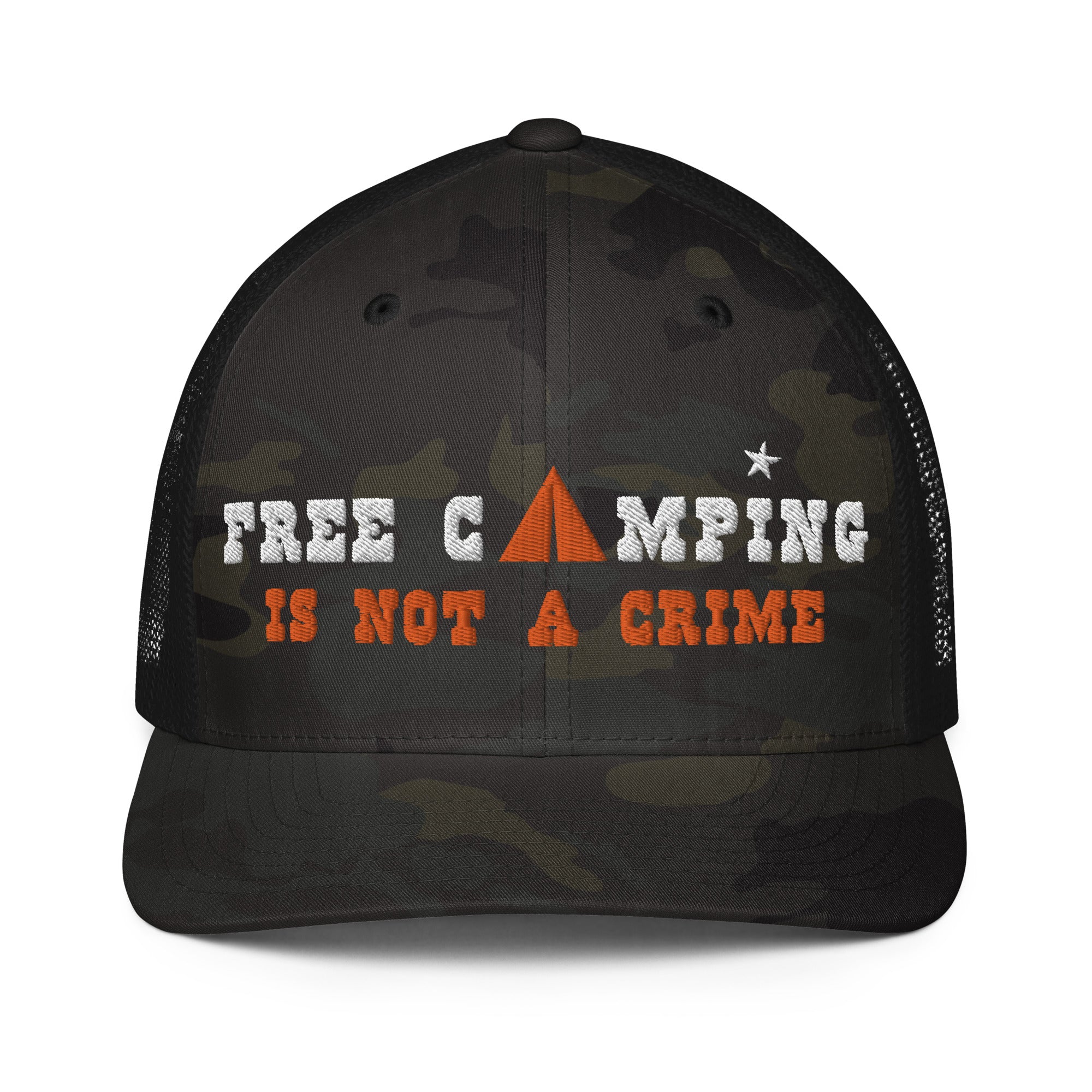 Casquette trucker renforcée camouflage Free camping is not a crime white/orange