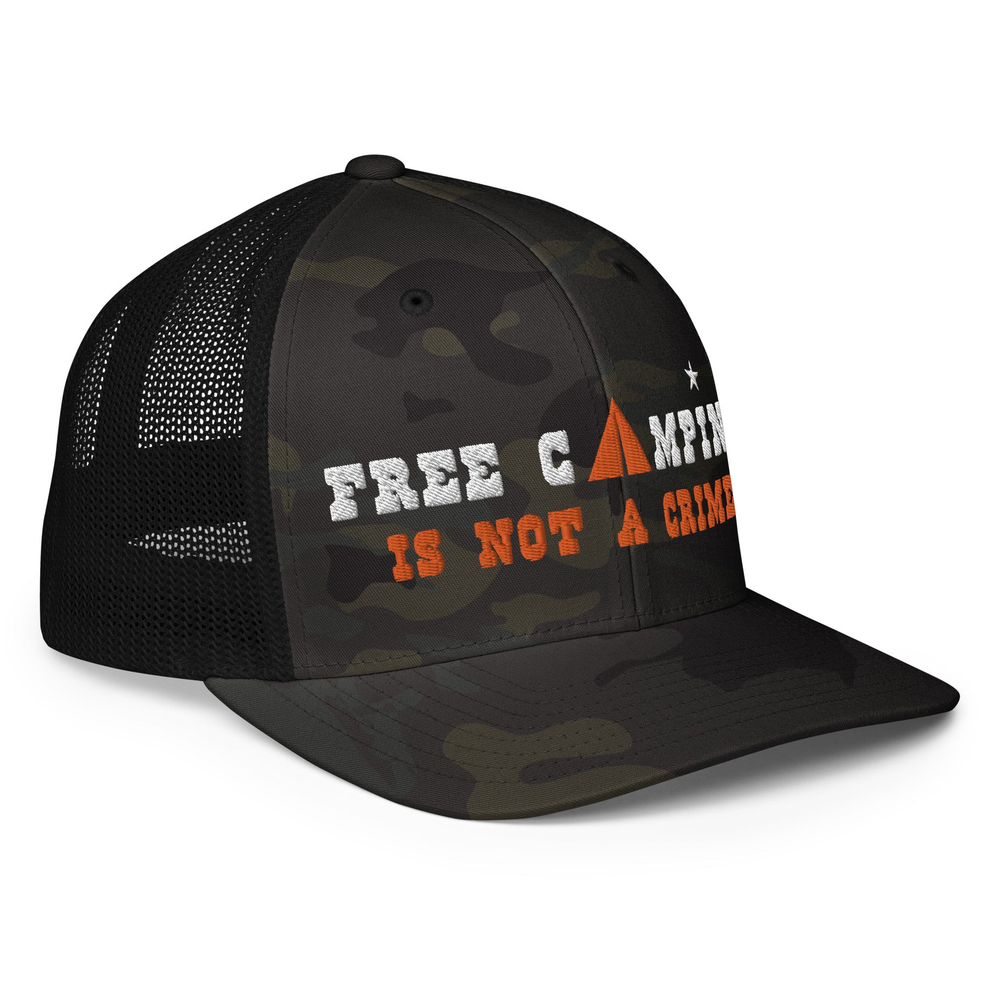 Casquette trucker renforcée camouflage Free camping is not a crime white/orange