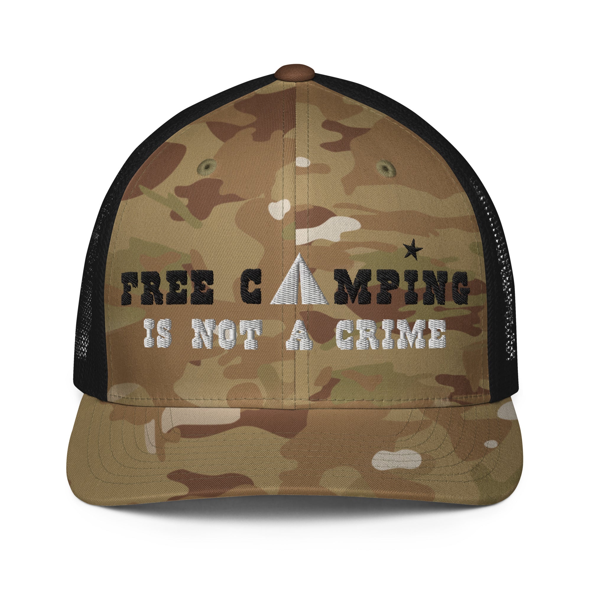 Camo closed-back trucker cap Free camping is not a crime black/white