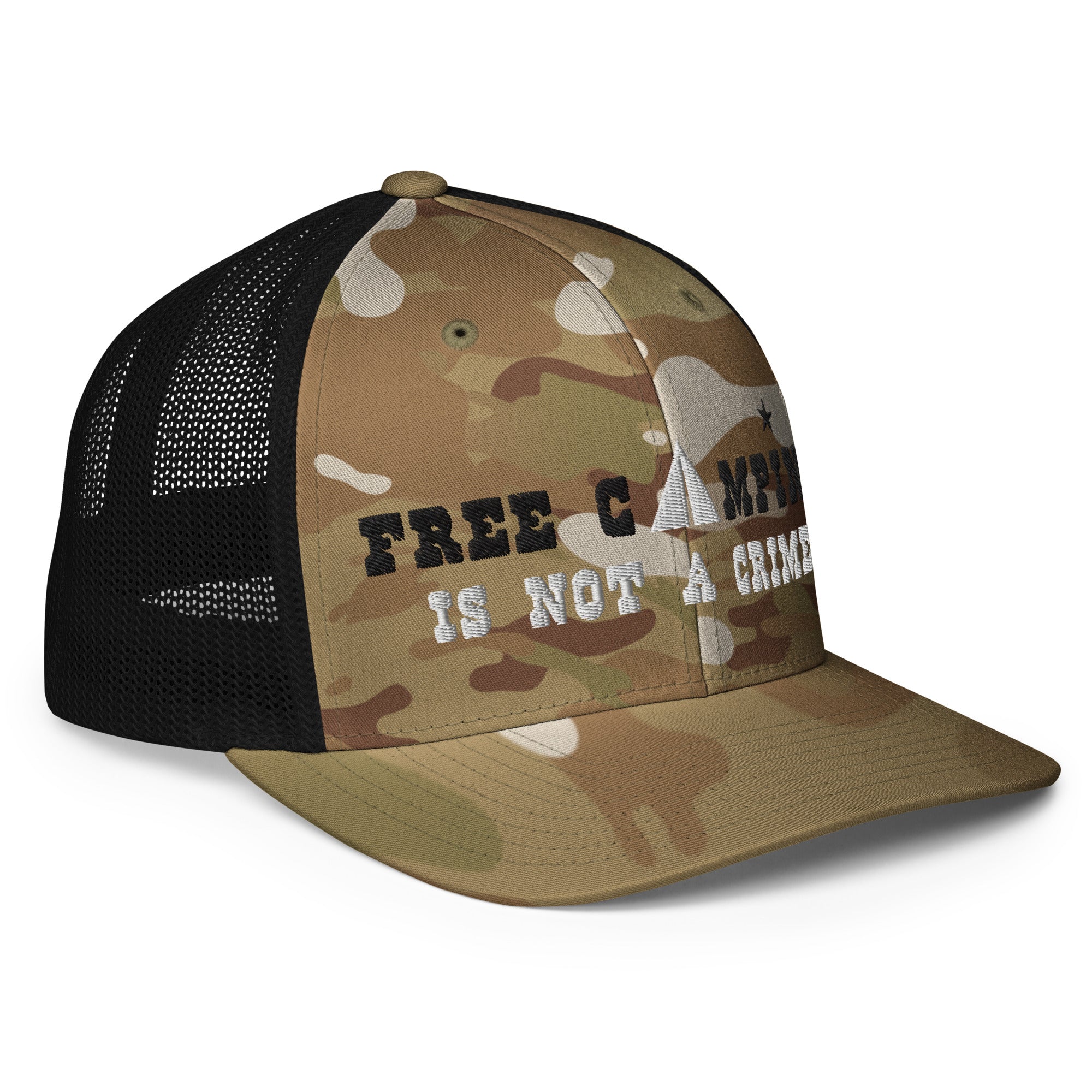 Camo closed-back trucker cap Free camping is not a crime black/white
