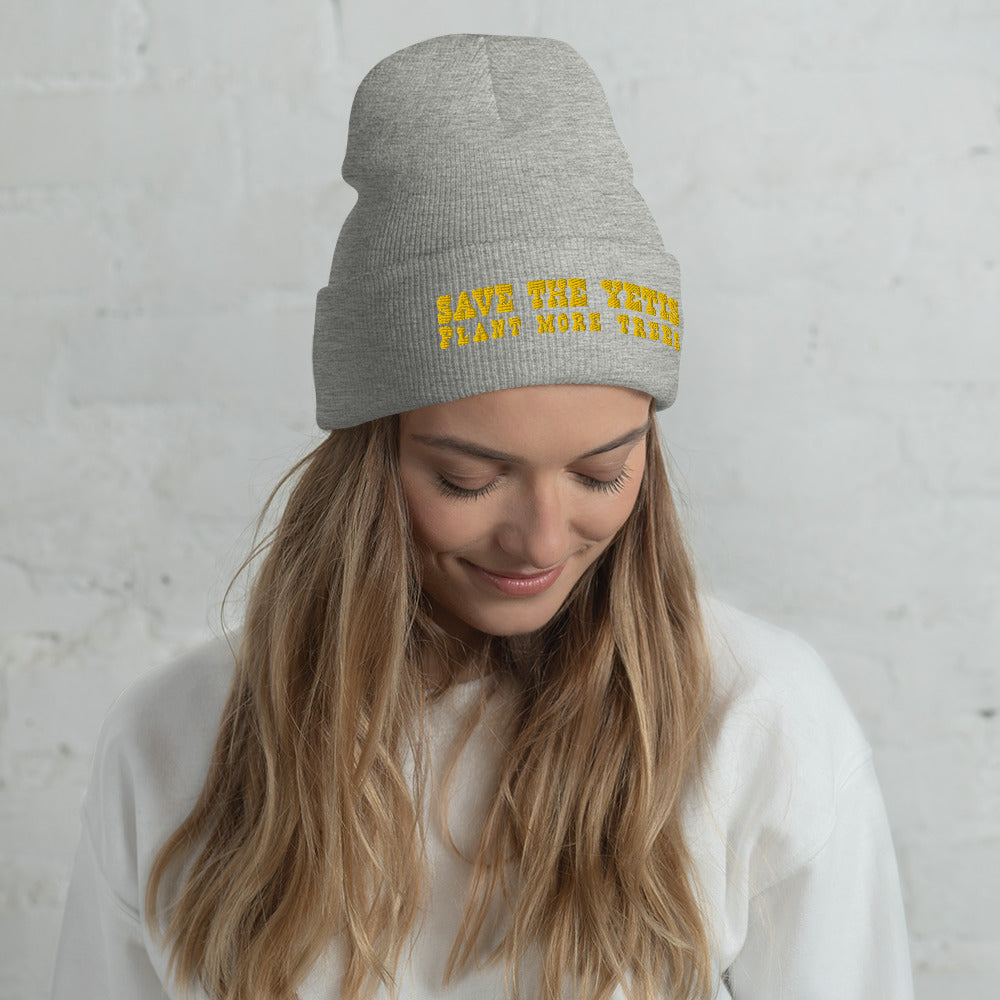 Cuffed Beanie Save the Yetis, Plant more Trees Gold