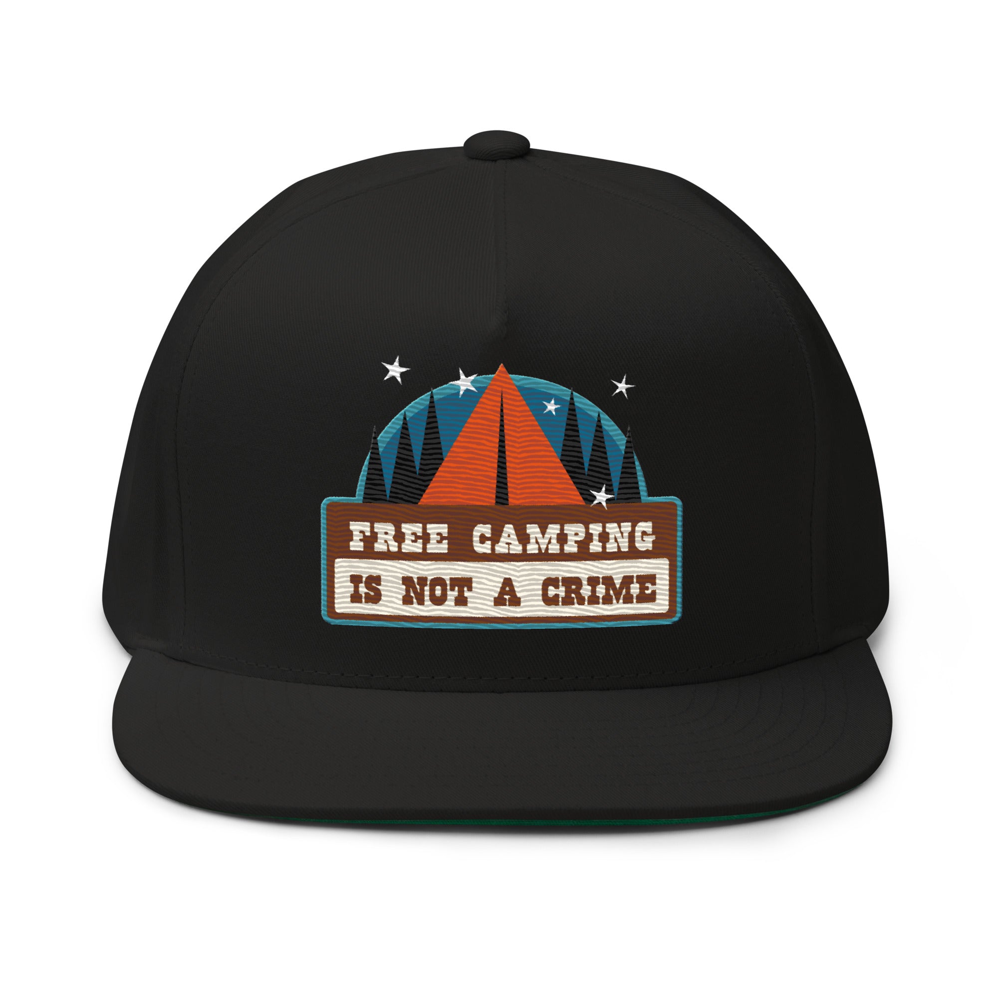 Flat Bill Cap Ski Bum Free camping is not a crime multicolor embroidered pattern