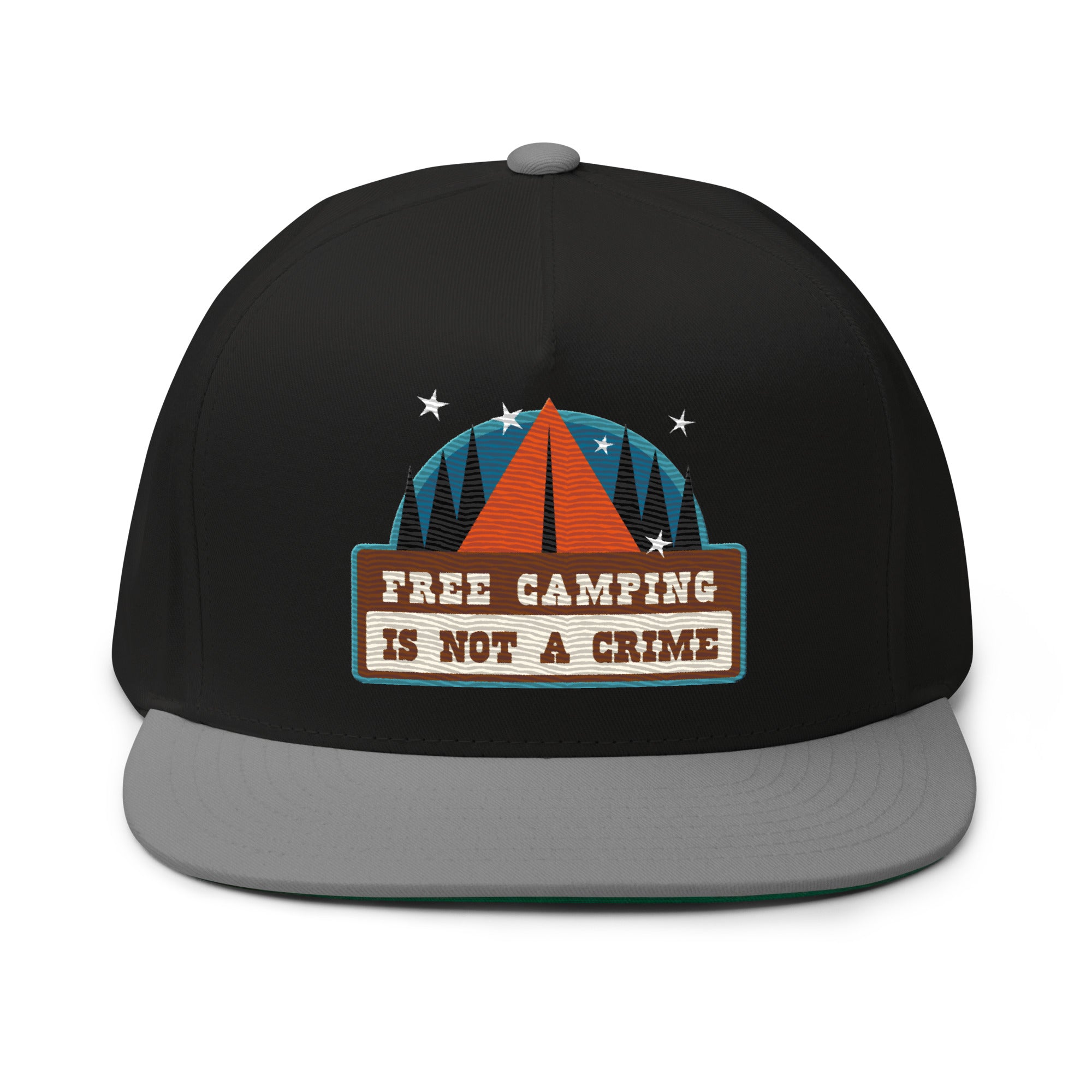 Flat Bill Cap Ski Bum Free camping is not a crime multicolor embroidered pattern