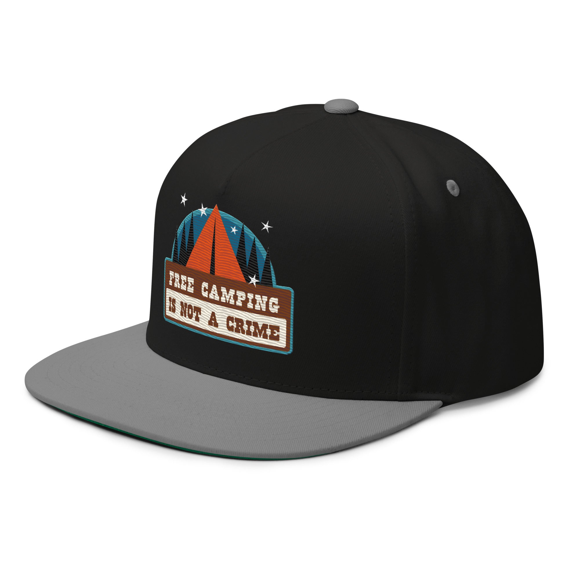 Flat Bill Cap Ski Bum Free camping is not a crime multicolor embroidered pattern
