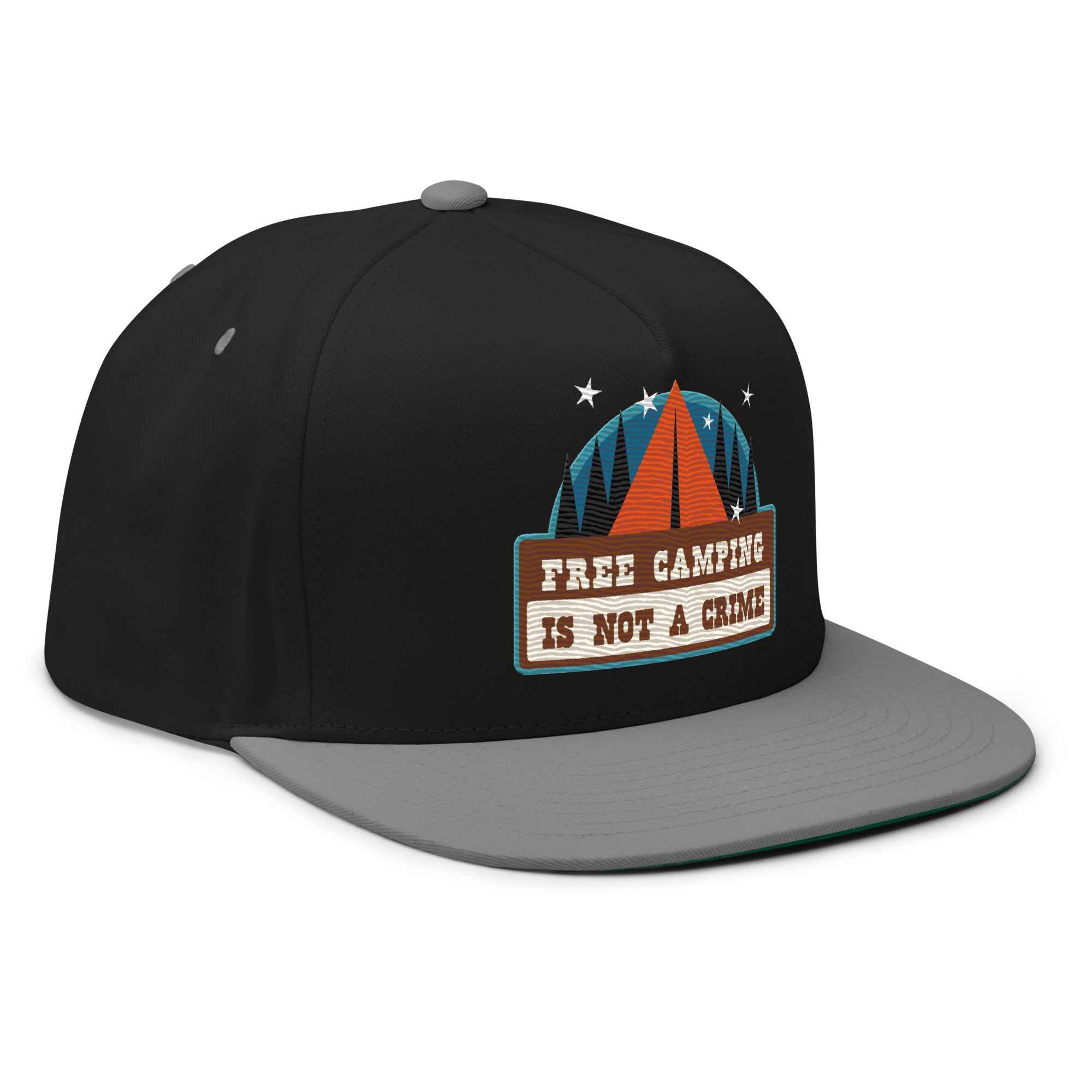 Flat Bill Cap Ski Bum Free camping is not a crime multicolor embroidered pattern