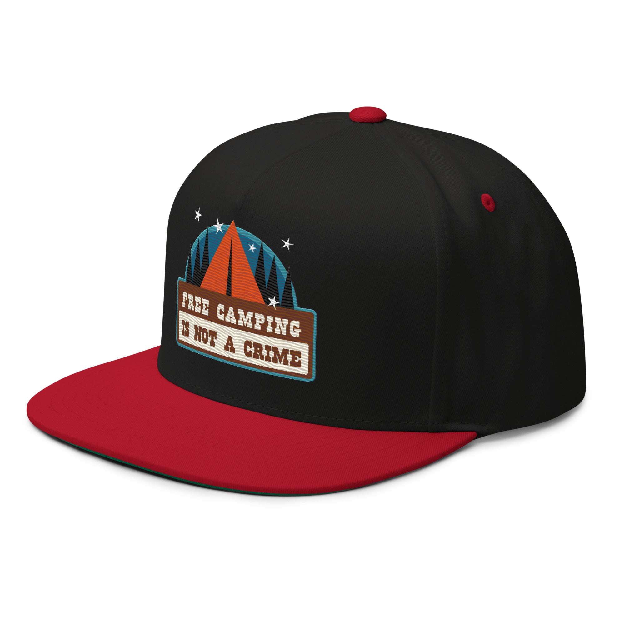 Flat Bill Cap Ski Bum Free camping is not a crime multicolor embroidered pattern
