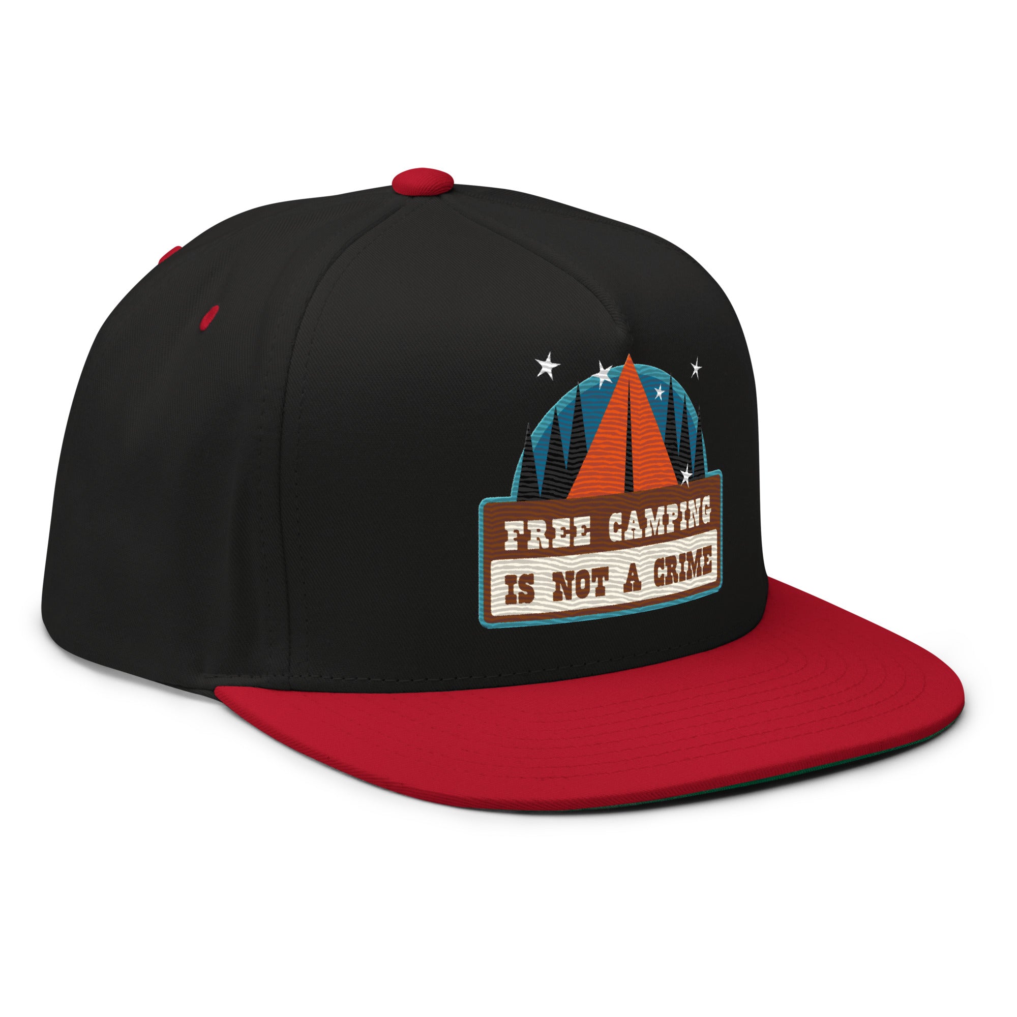 Flat Bill Cap Ski Bum Free camping is not a crime multicolor embroidered pattern