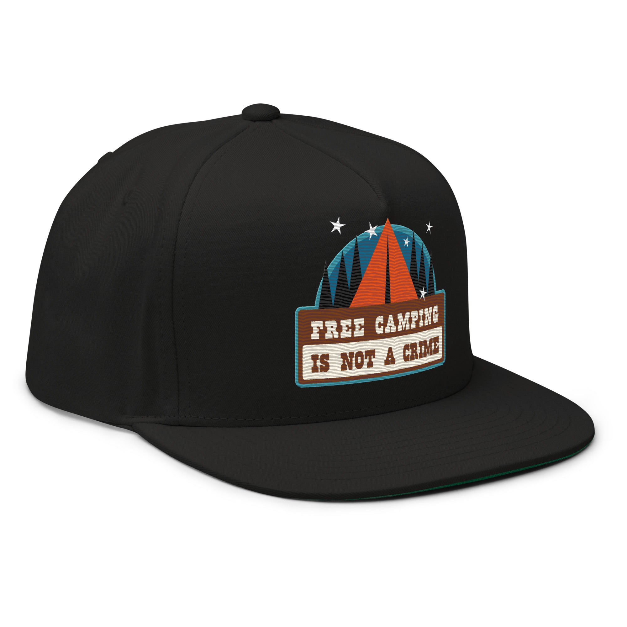 Flat Bill Cap Ski Bum Free camping is not a crime multicolor embroidered pattern