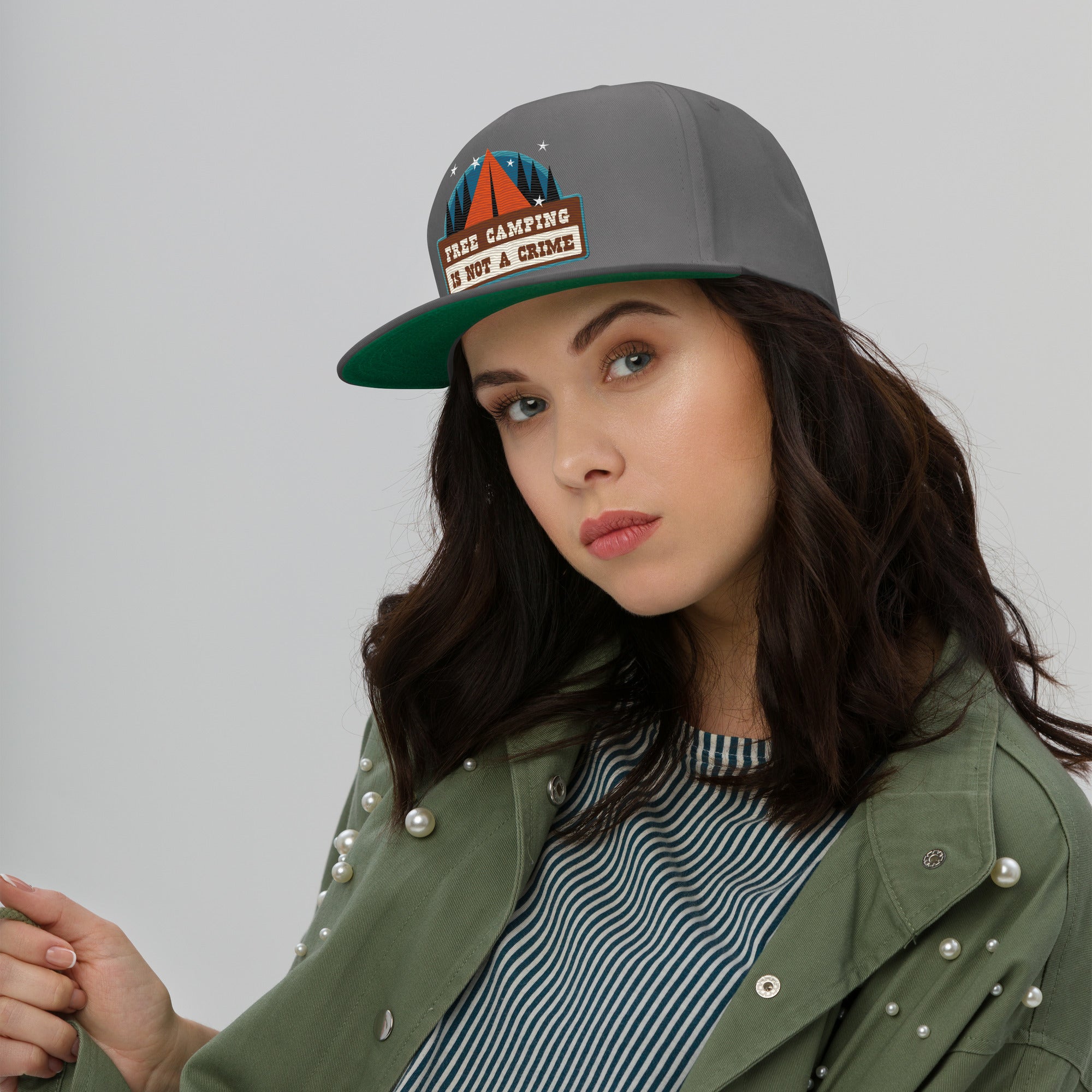 Flat Bill Cap Ski Bum Free camping is not a crime multicolor embroidered pattern