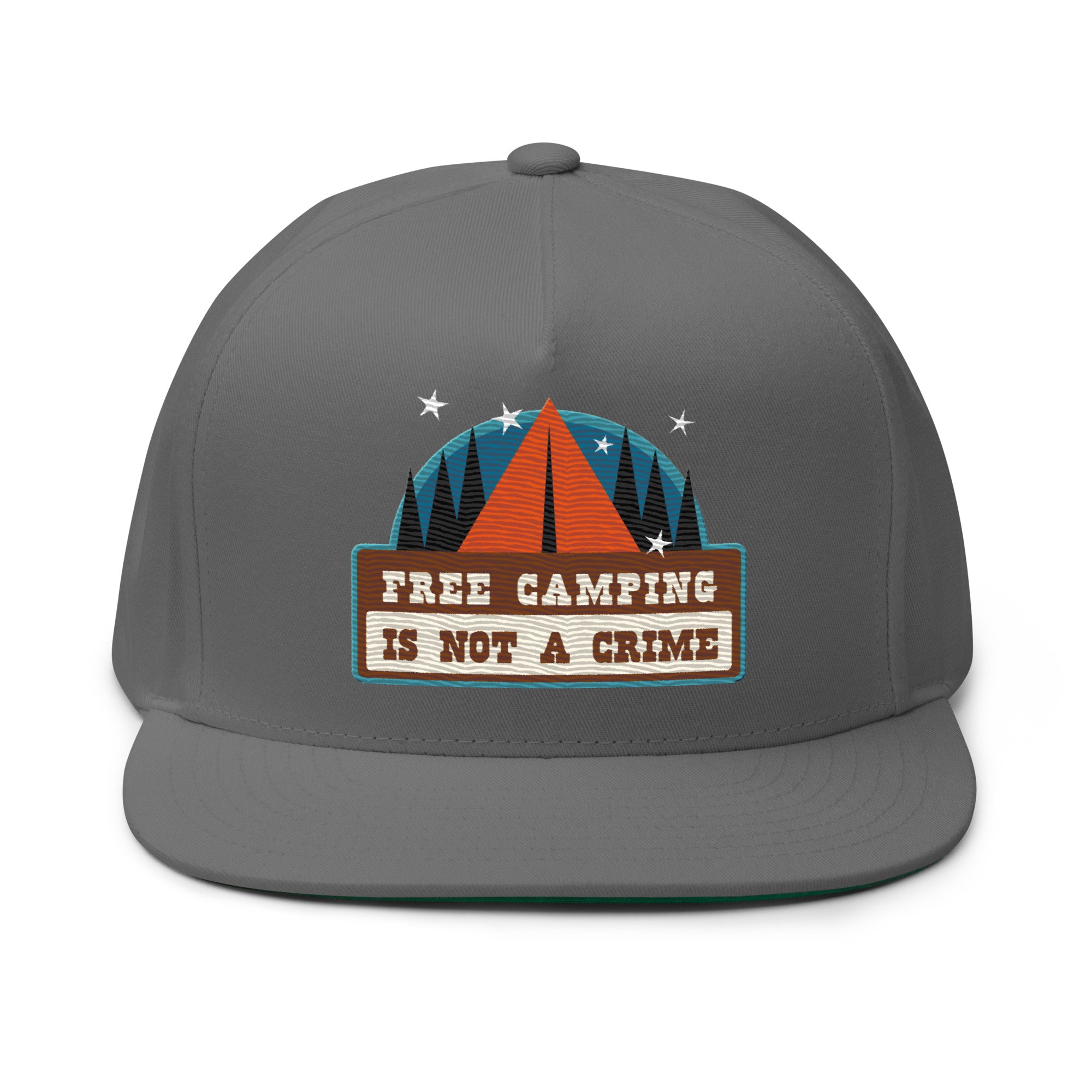 Flat Bill Cap Ski Bum Free camping is not a crime multicolor embroidered pattern