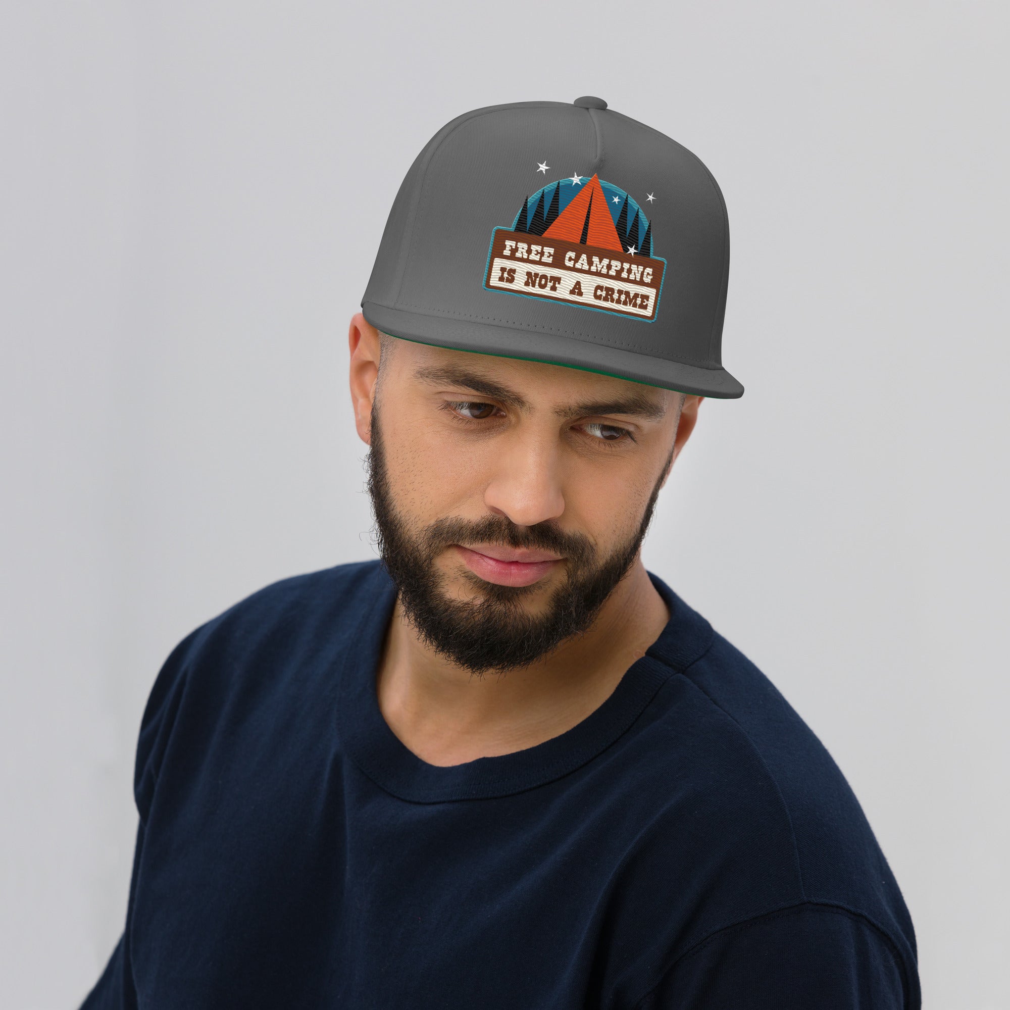 Flat Bill Cap Ski Bum Free camping is not a crime multicolor embroidered pattern