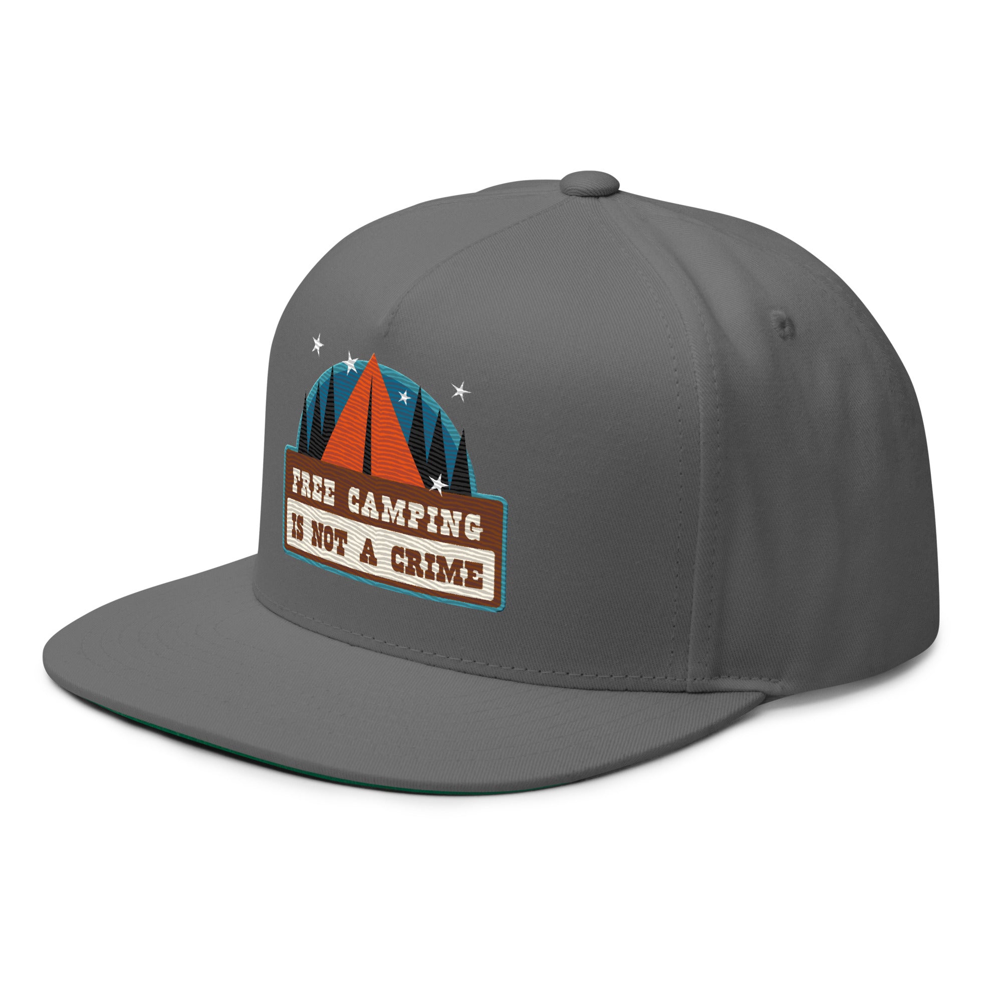 Flat Bill Cap Ski Bum Free camping is not a crime multicolor embroidered pattern