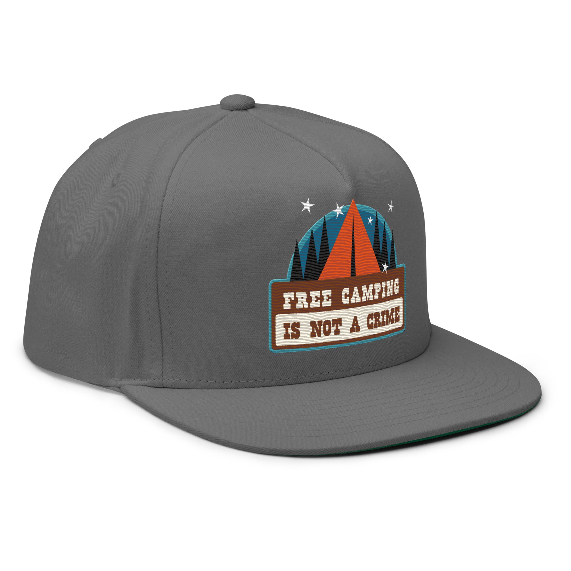 Flat Bill Cap Ski Bum Free camping is not a crime multicolor embroidered pattern