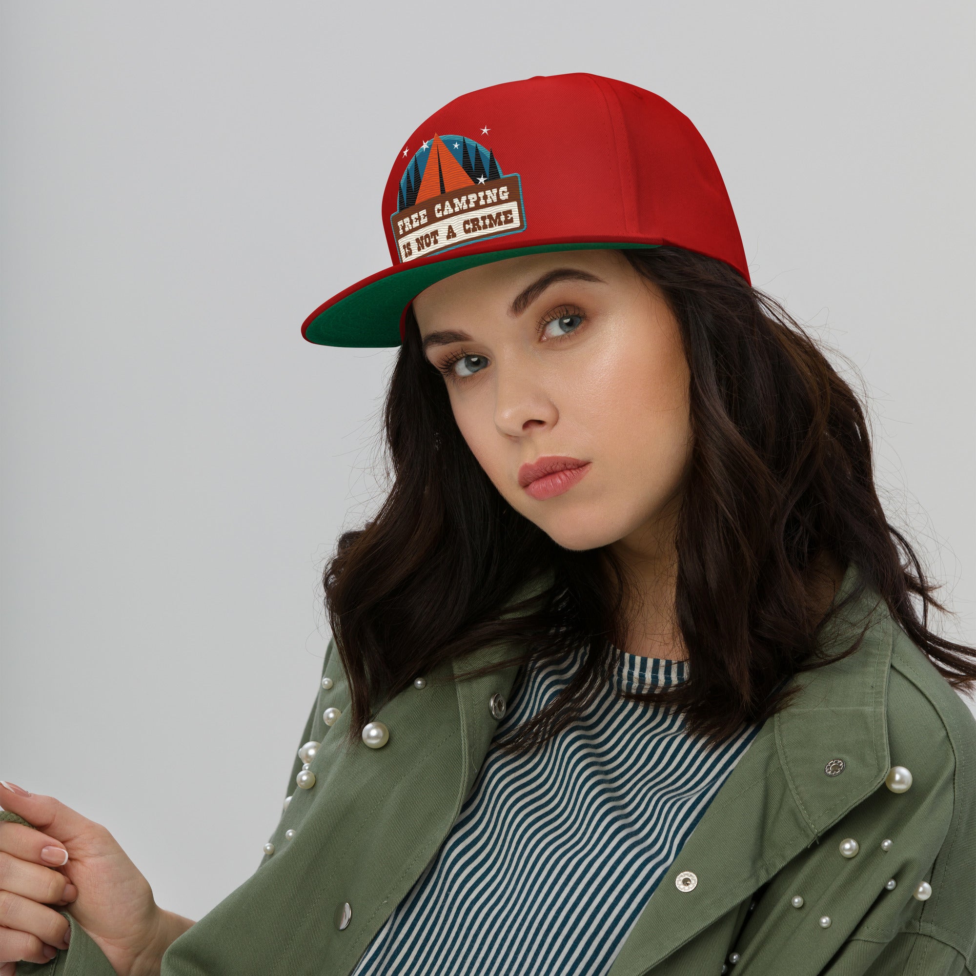 Flat Bill Cap Ski Bum Free camping is not a crime multicolor embroidered pattern