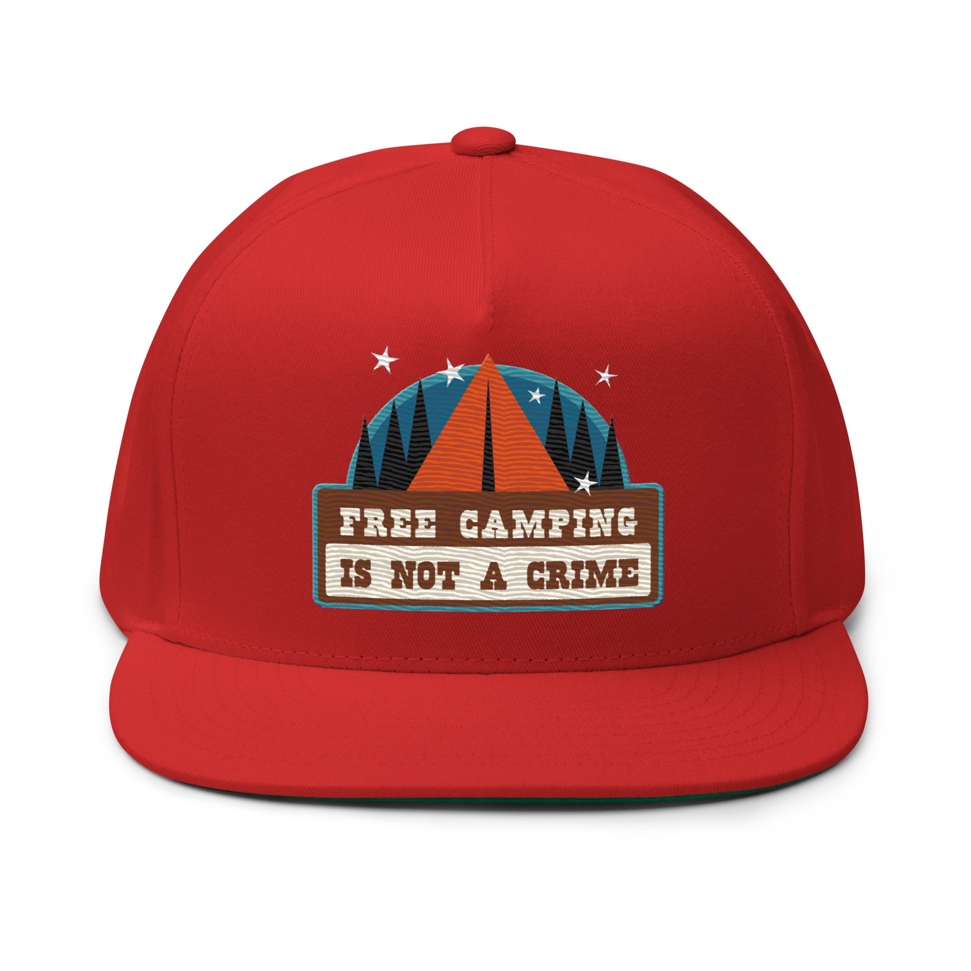 Flat Bill Cap Ski Bum Free camping is not a crime multicolor embroidered pattern