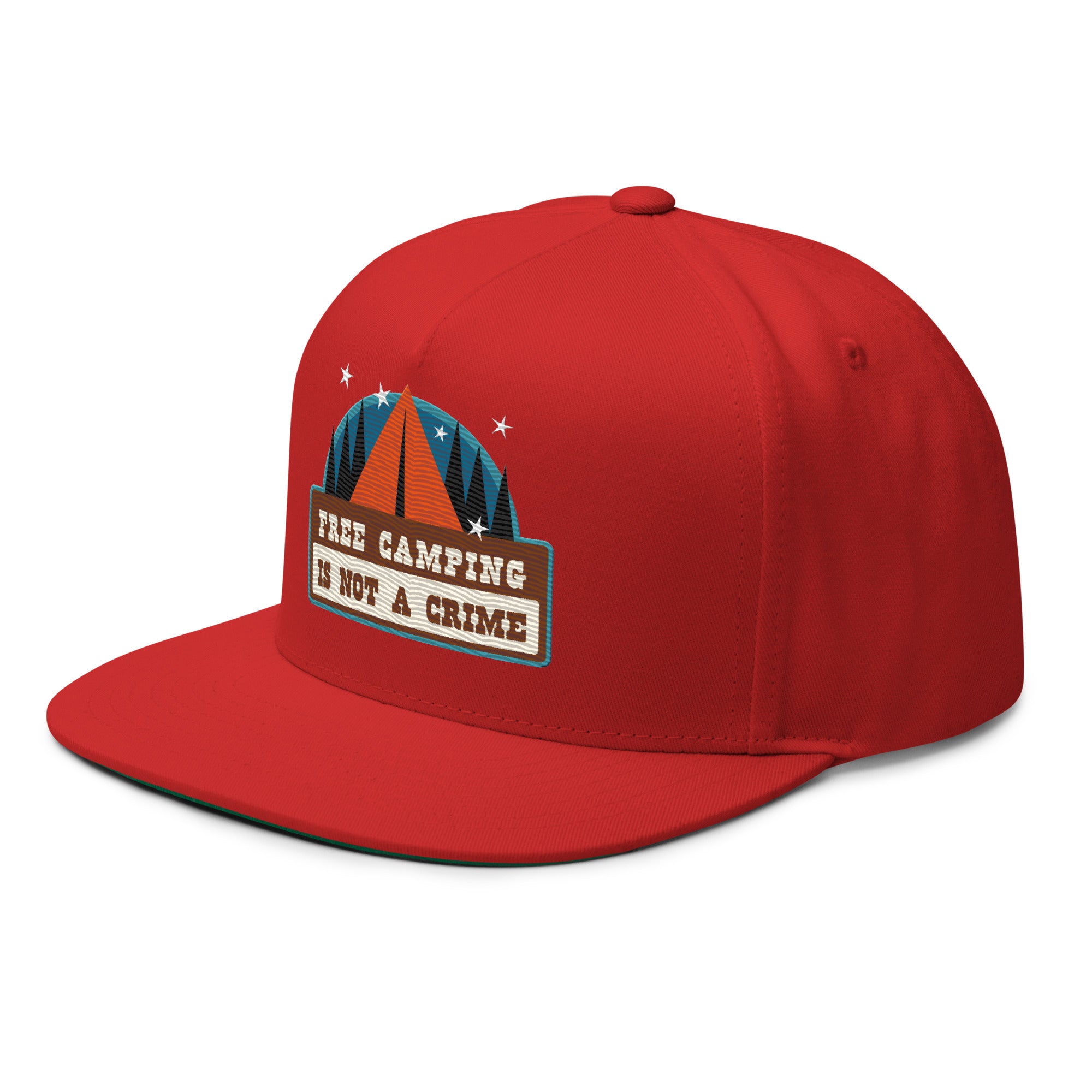Flat Bill Cap Ski Bum Free camping is not a crime multicolor embroidered pattern
