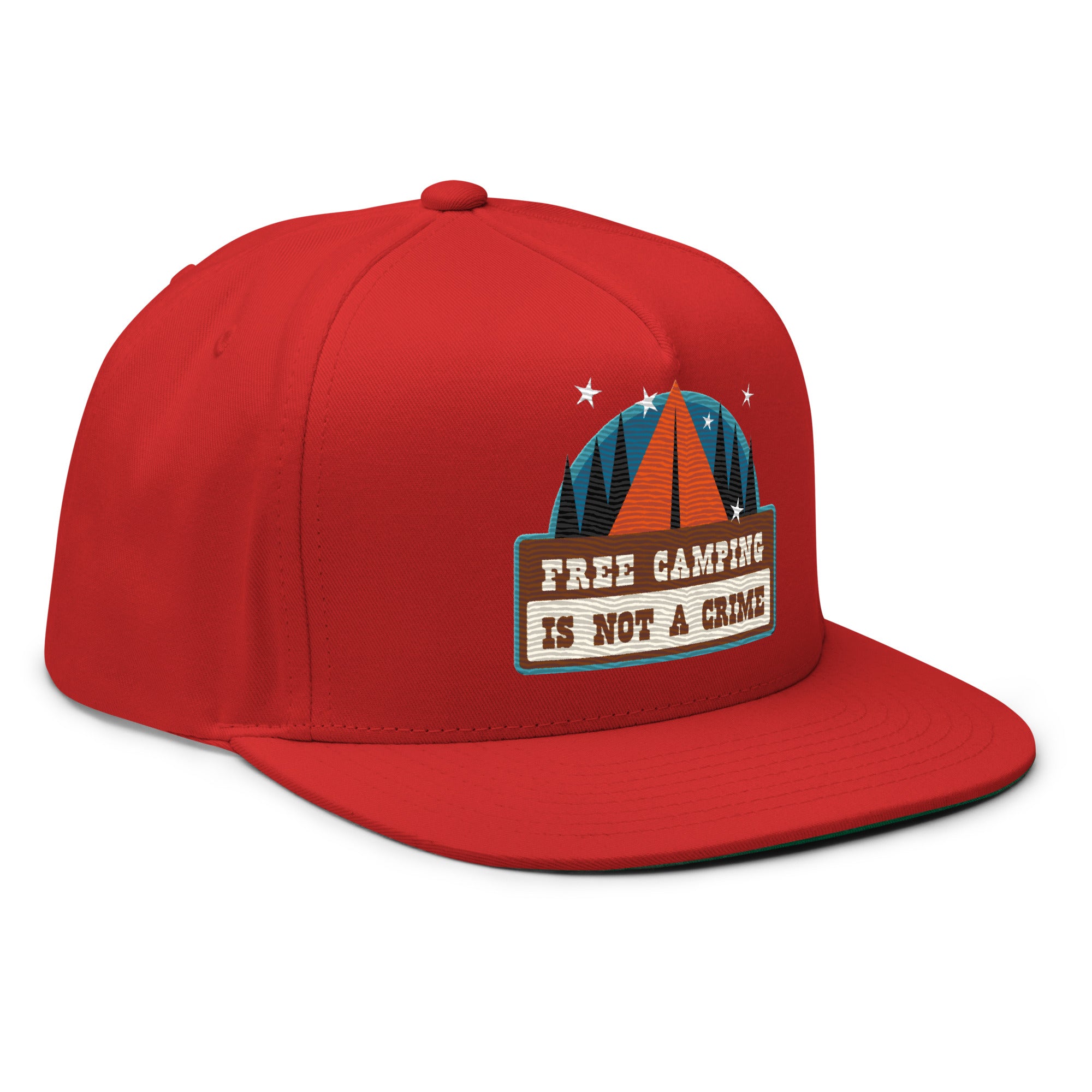 Flat Bill Cap Ski Bum Free camping is not a crime multicolor embroidered pattern