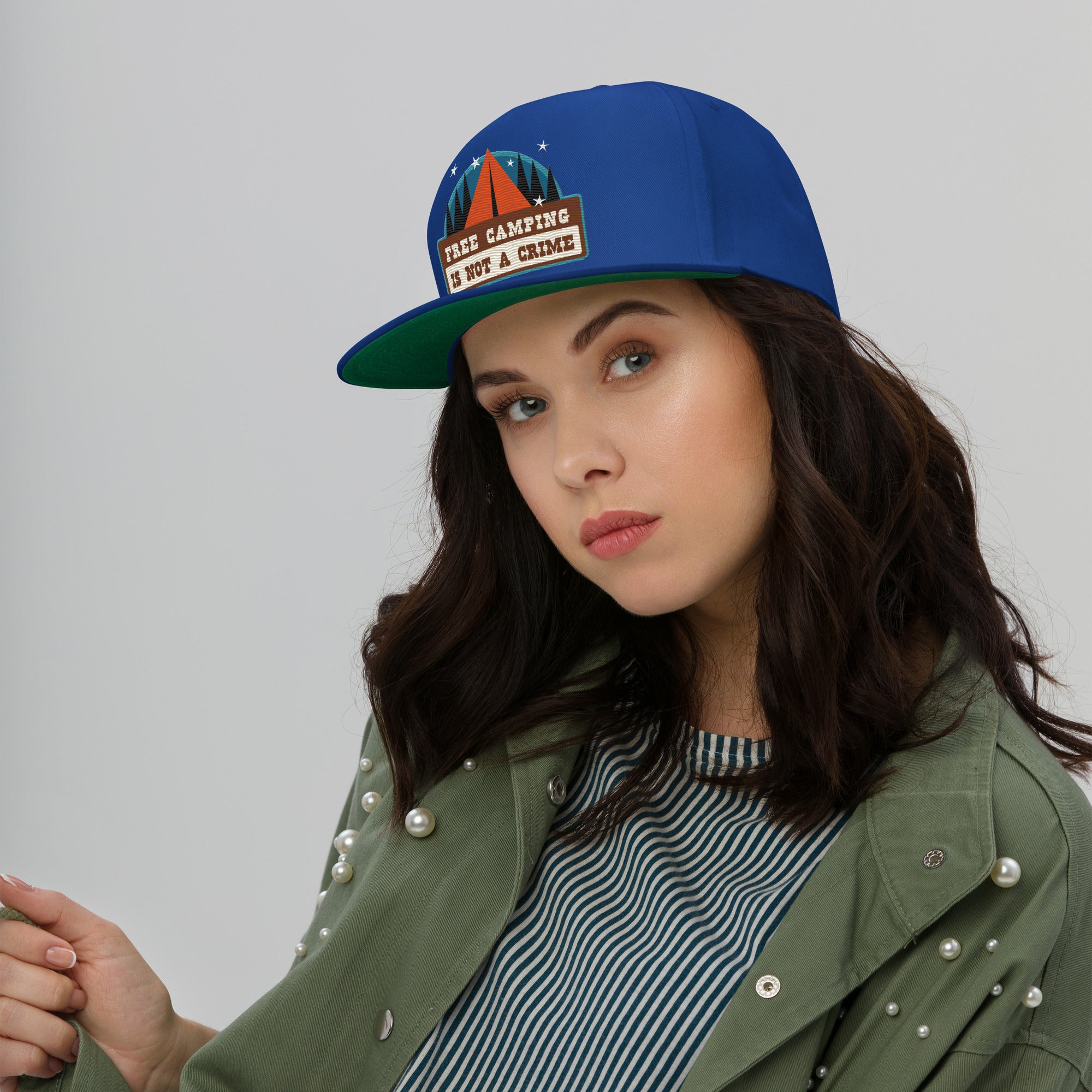 Flat Bill Cap Ski Bum Free camping is not a crime multicolor embroidered pattern