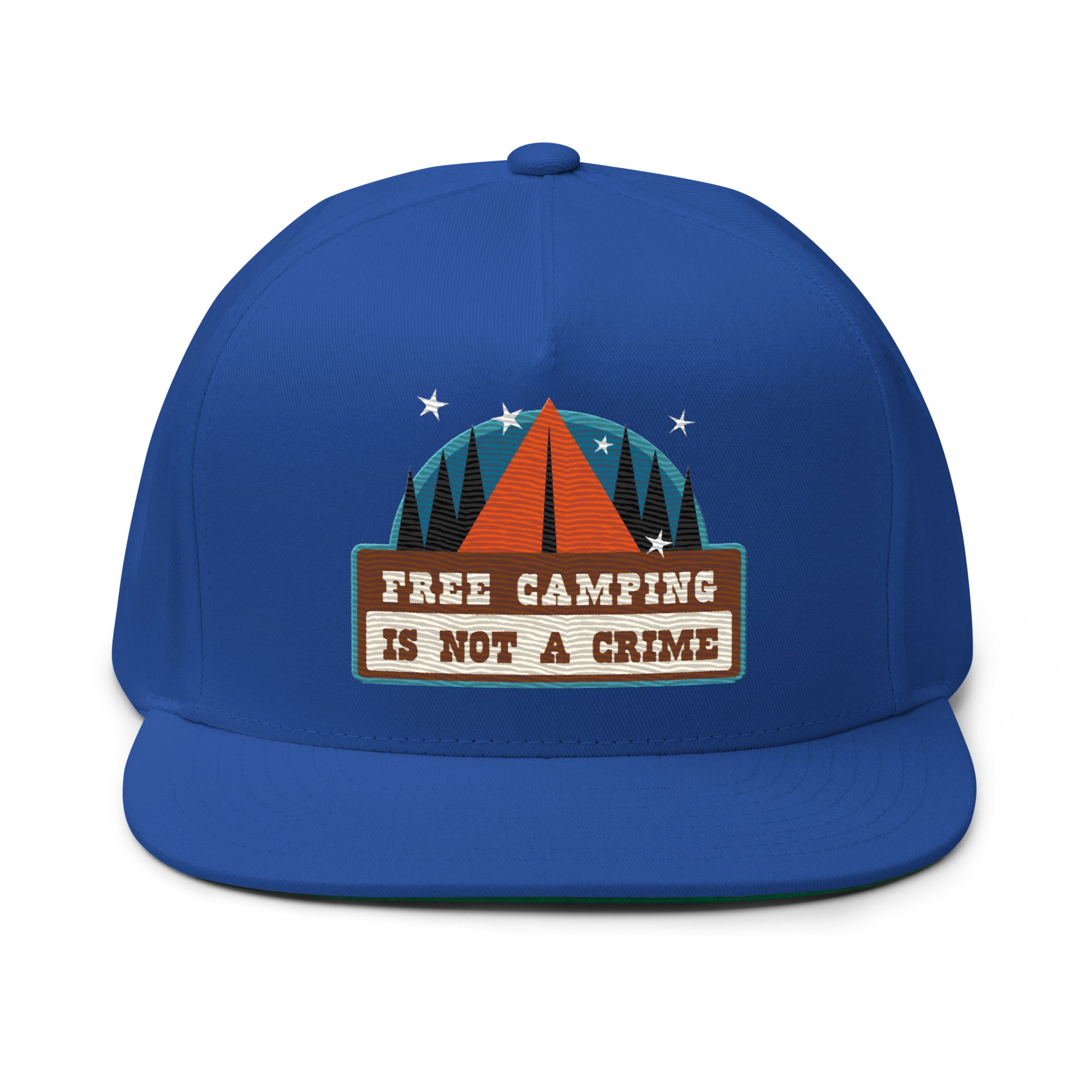 Flat Bill Cap Ski Bum Free camping is not a crime multicolor embroidered pattern
